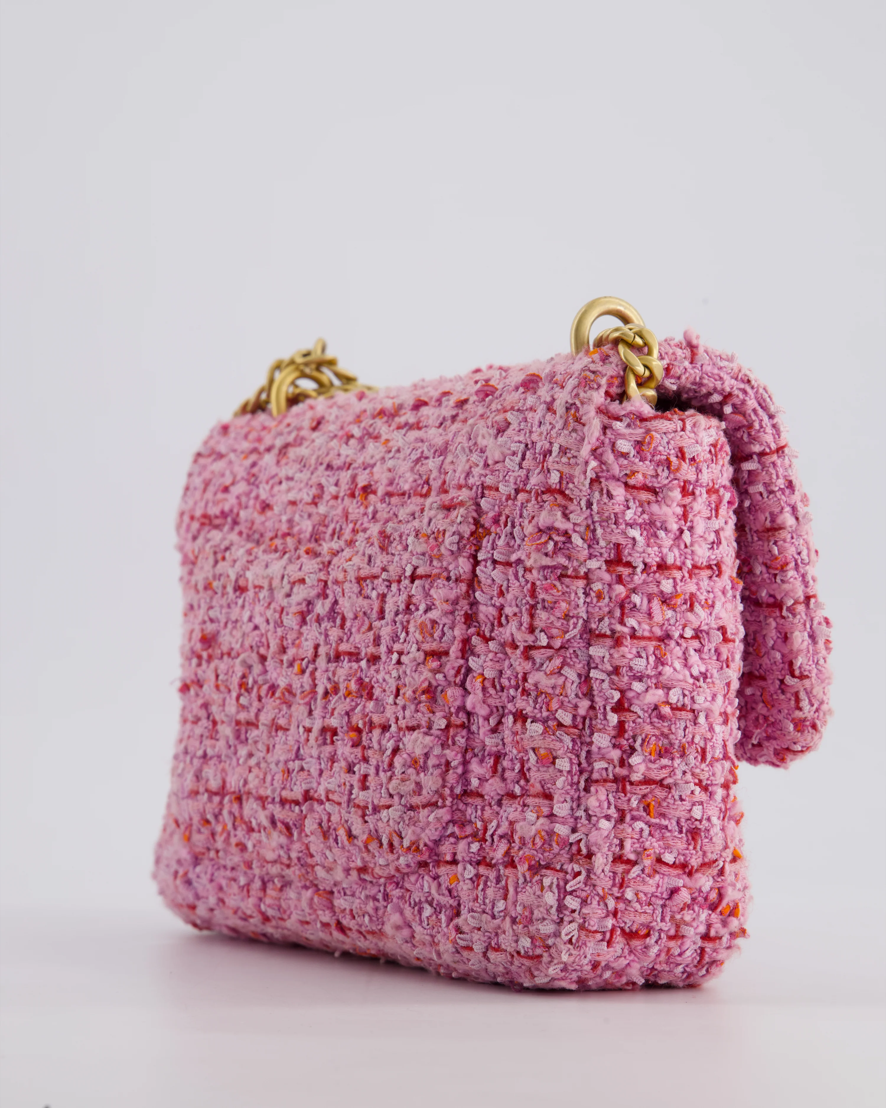 Chanel Pink & Lilac Tweed Seasonal Single Flap Bag with Brushed Gold Hardware & Pink CC Logo - Image 17