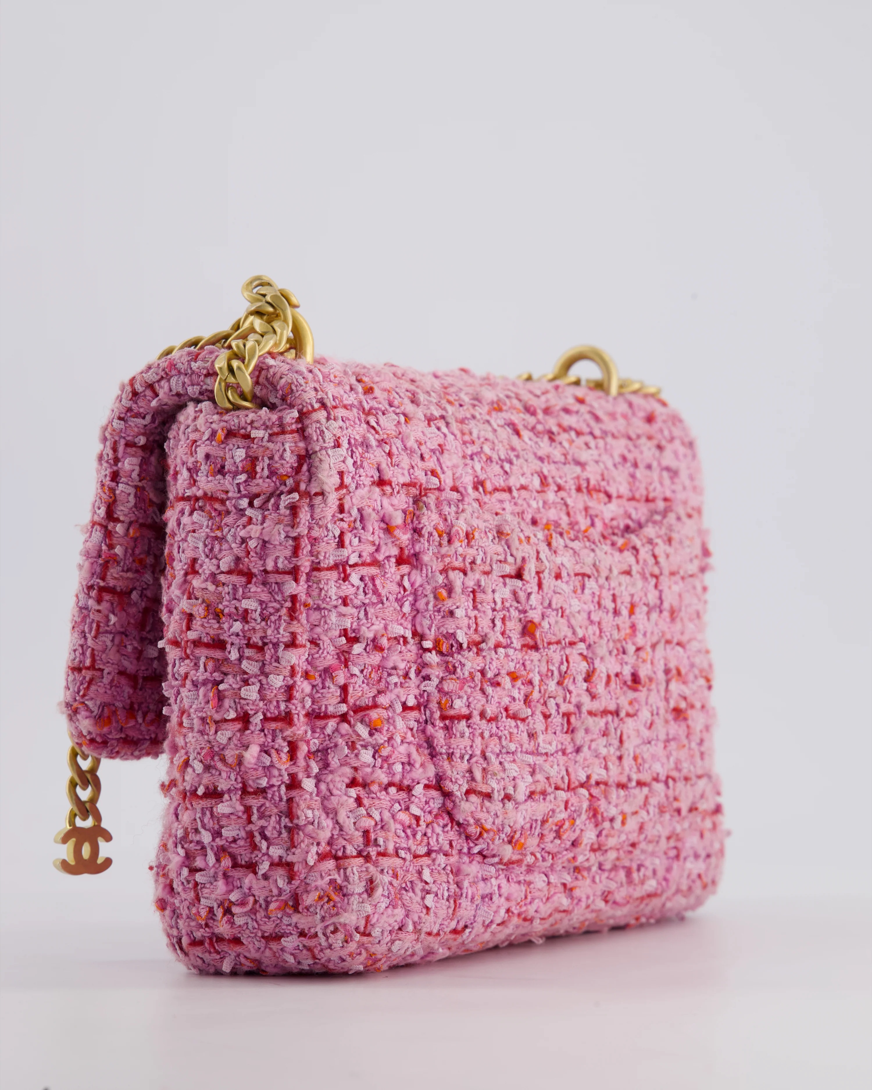 Chanel Pink & Lilac Tweed Seasonal Single Flap Bag with Brushed Gold Hardware & Pink CC Logo - Image 18