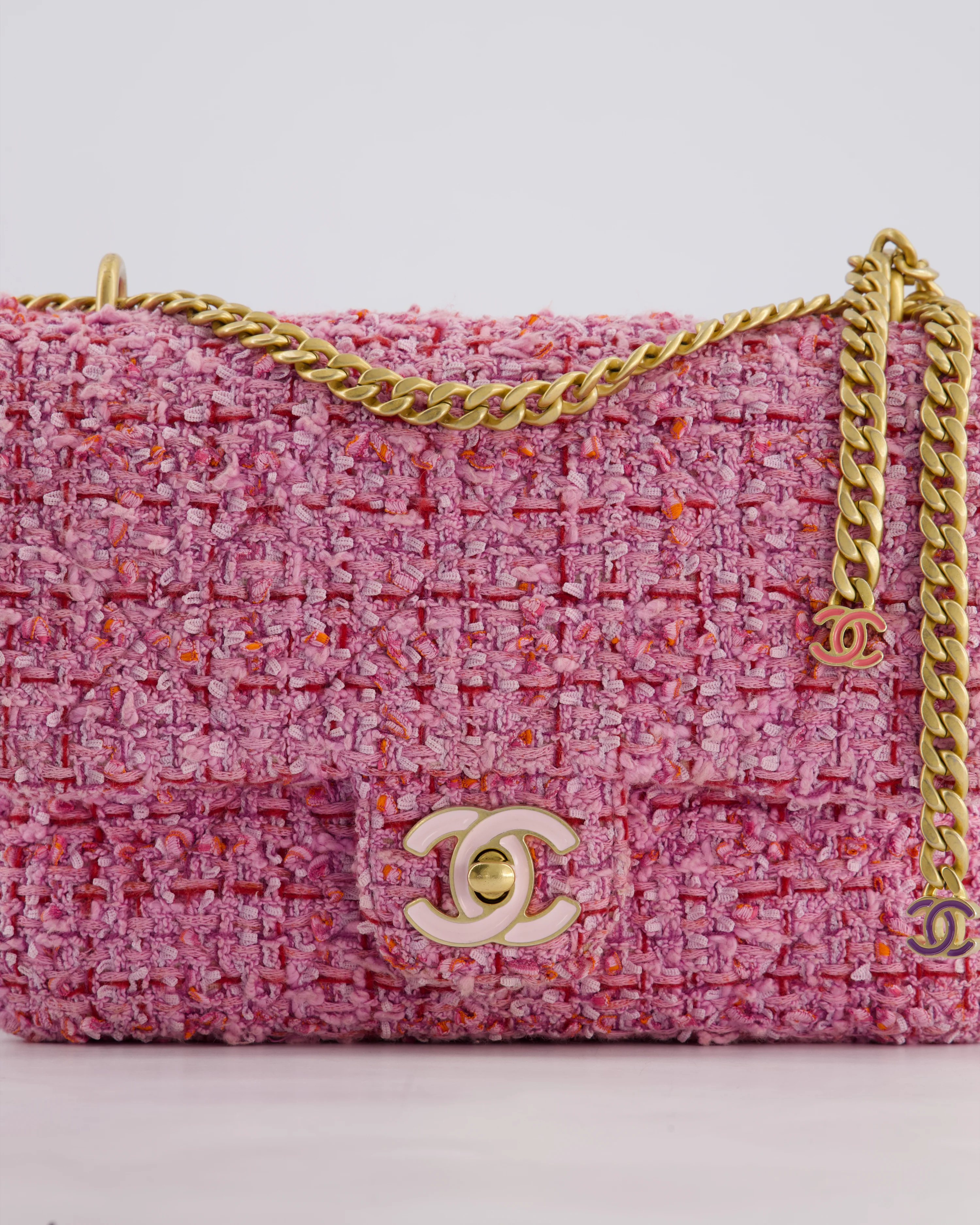 Chanel Pink & Lilac Tweed Seasonal Single Flap Bag with Brushed Gold Hardware & Pink CC Logo - Image 19