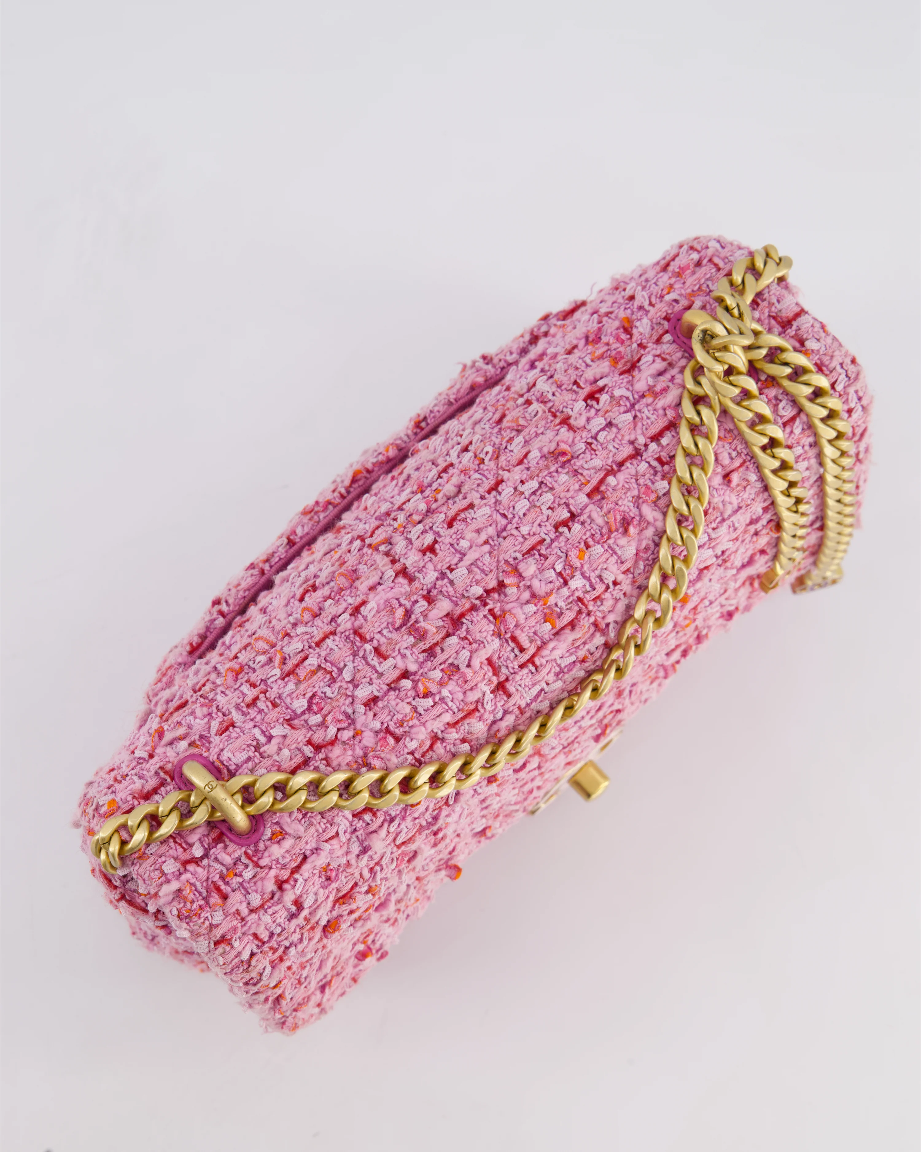 Chanel Pink & Lilac Tweed Seasonal Single Flap Bag with Brushed Gold Hardware & Pink CC Logo - Image 20