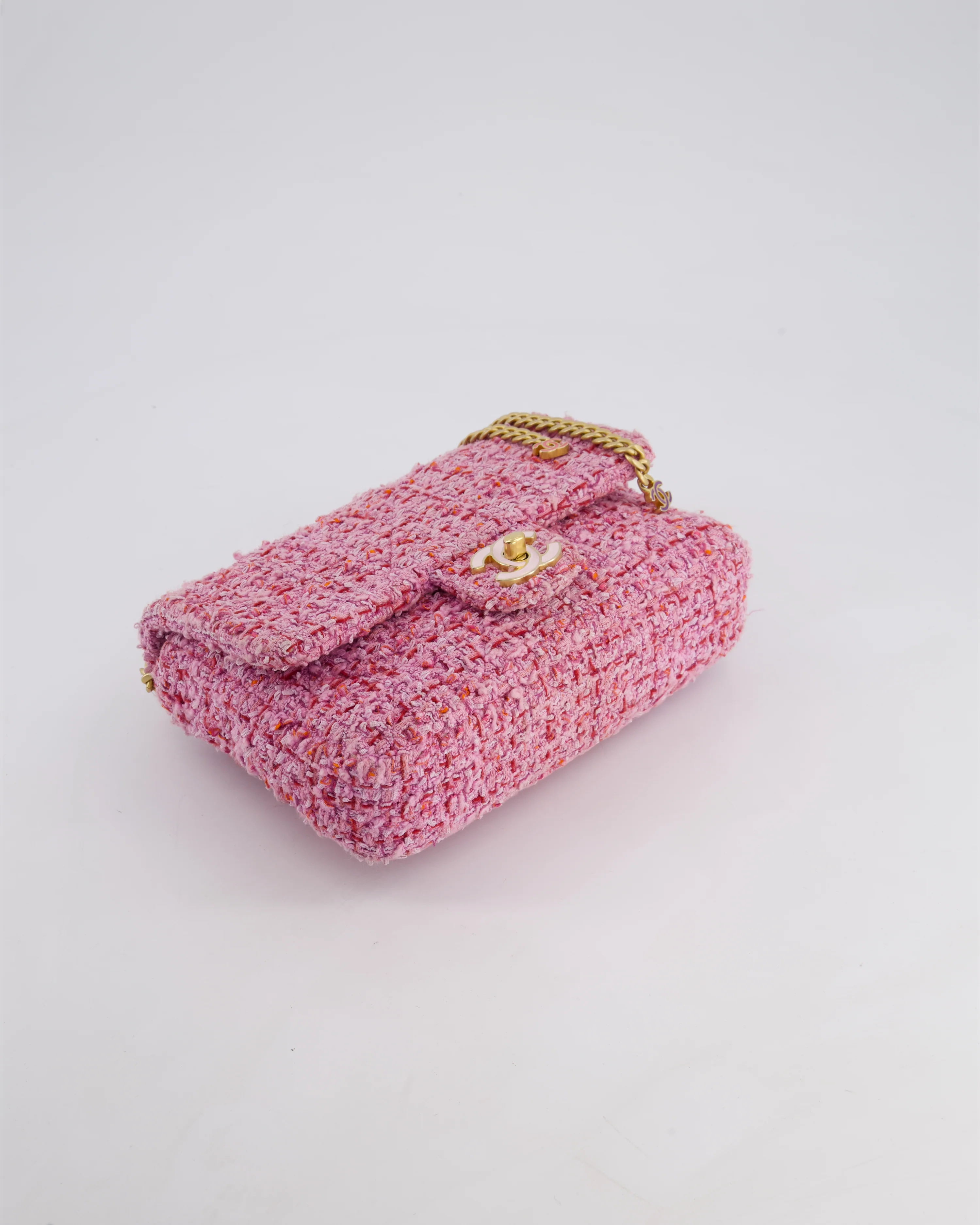 Chanel Pink & Lilac Tweed Seasonal Single Flap Bag with Brushed Gold Hardware & Pink CC Logo - Image 22