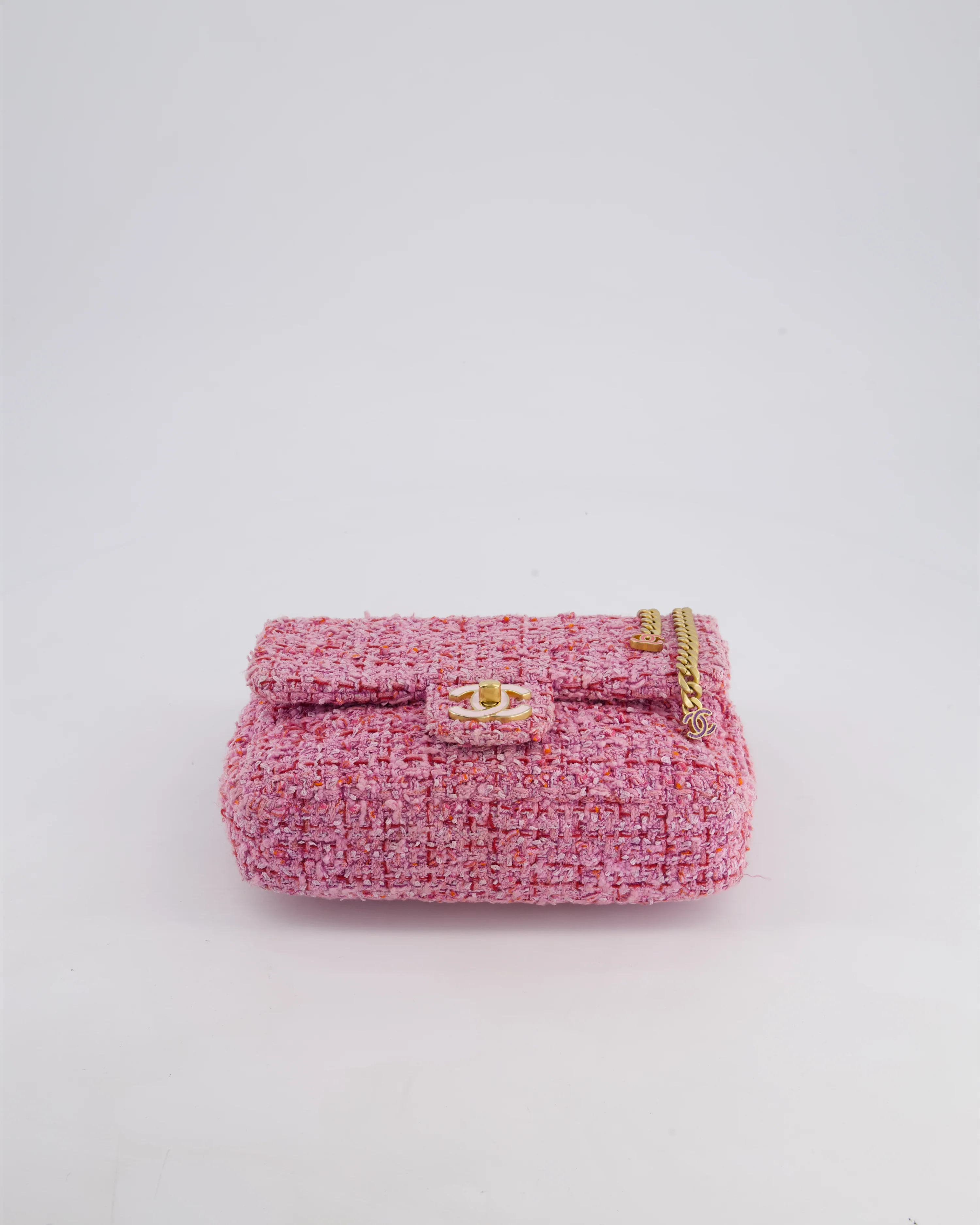 Chanel Pink & Lilac Tweed Seasonal Single Flap Bag with Brushed Gold Hardware & Pink CC Logo - Image 24