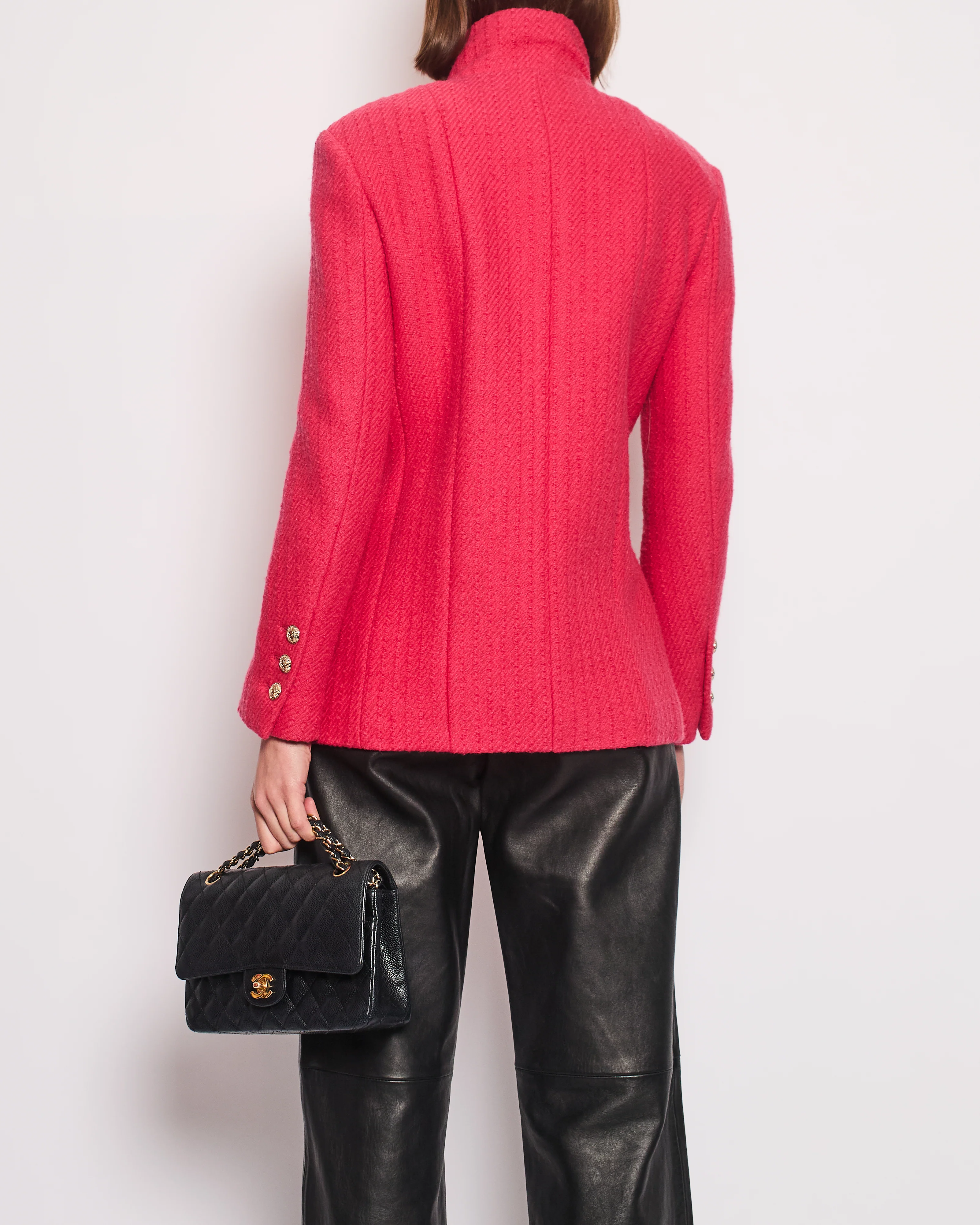Chanel 20/A Hot Pink Long-Sleeve Tweed Jacket with Gold CC Button Detail Size 34 (UK 6) - Image 8