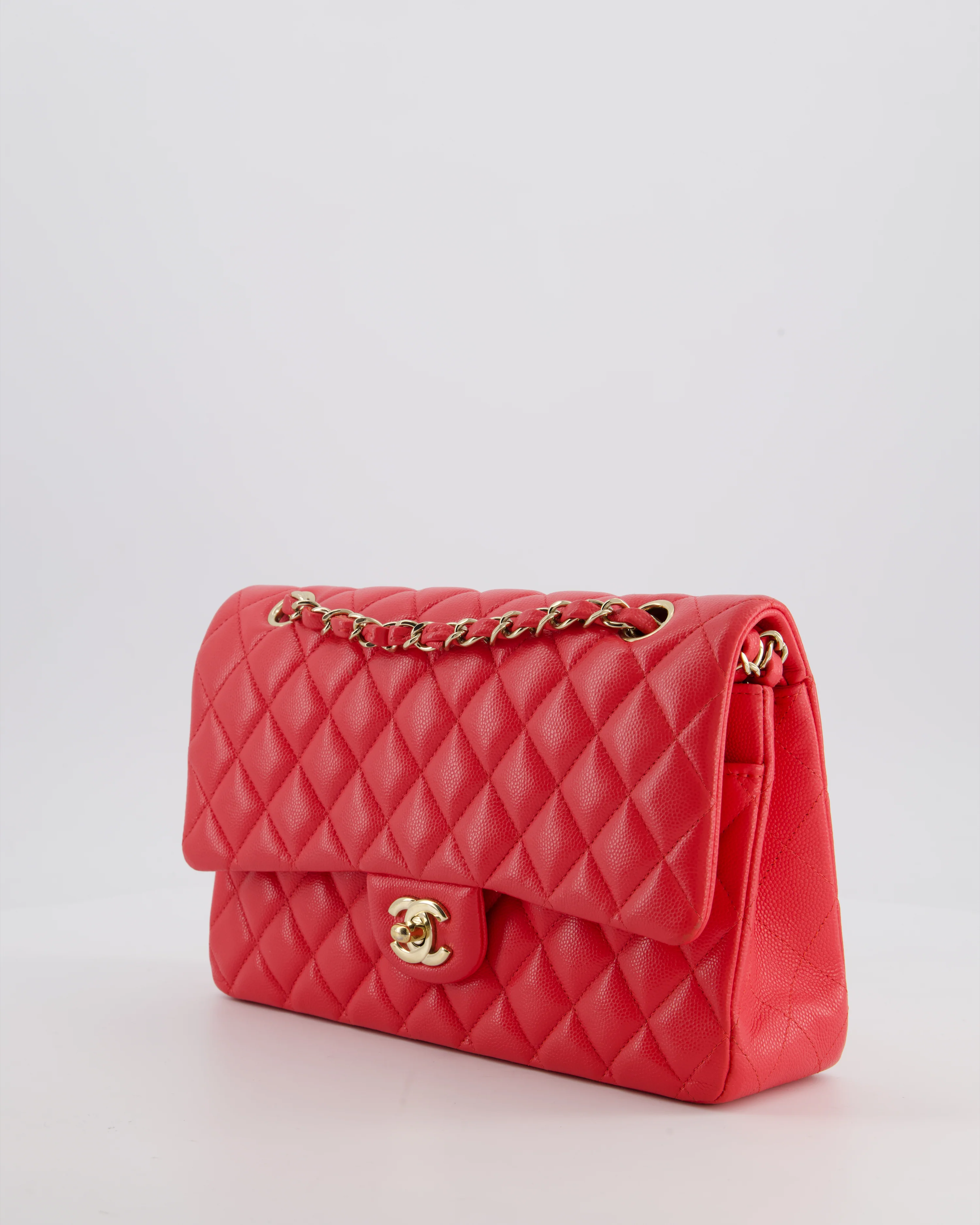 Chanel Iridescent Coral Red Classic Medium Double Flap Bag in Caviar Leather with Champagne Gold Hardware - Image 10