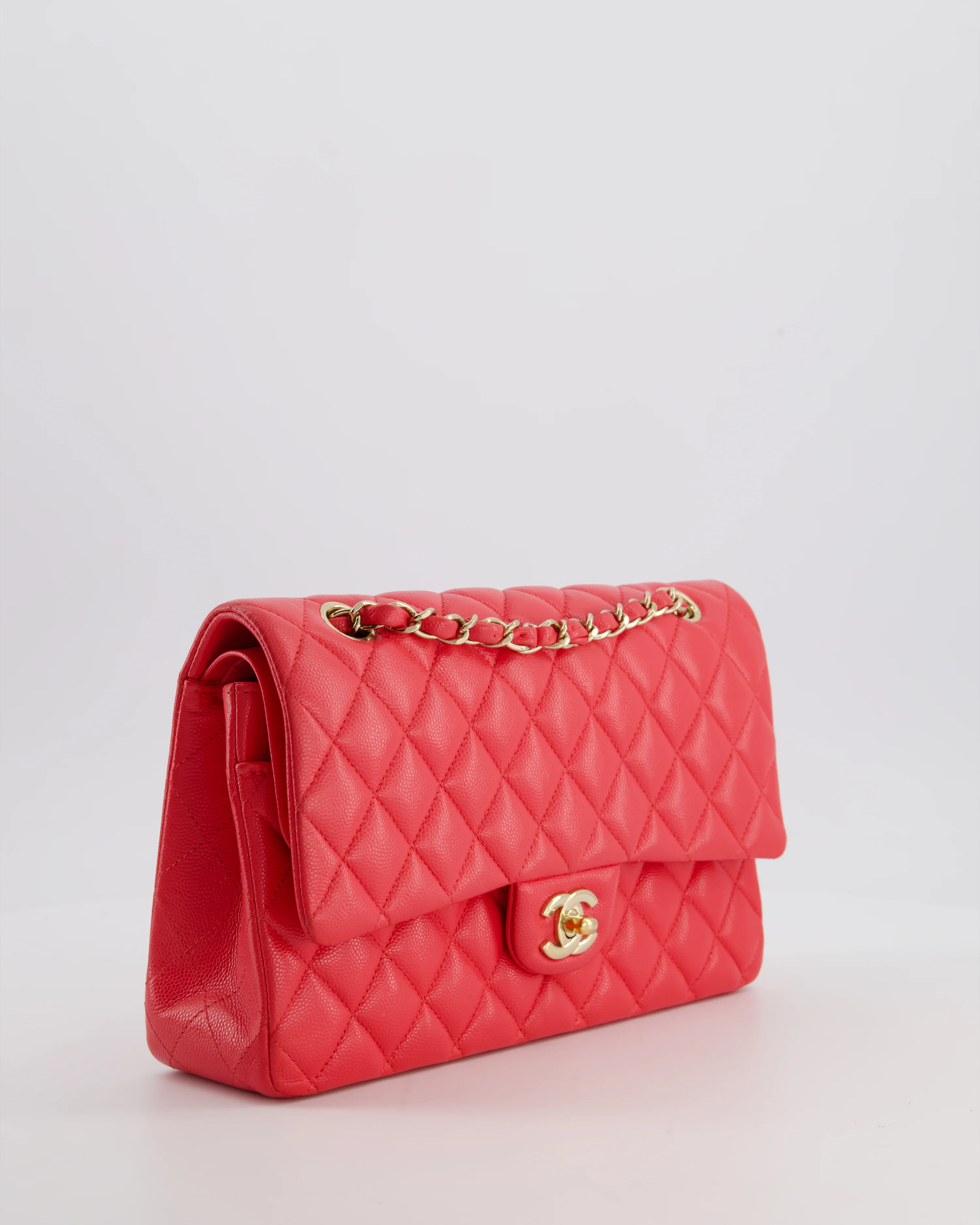 Chanel Iridescent Coral Red Classic Medium Double Flap Bag in Caviar Leather with Champagne Gold Hardware - Image 4