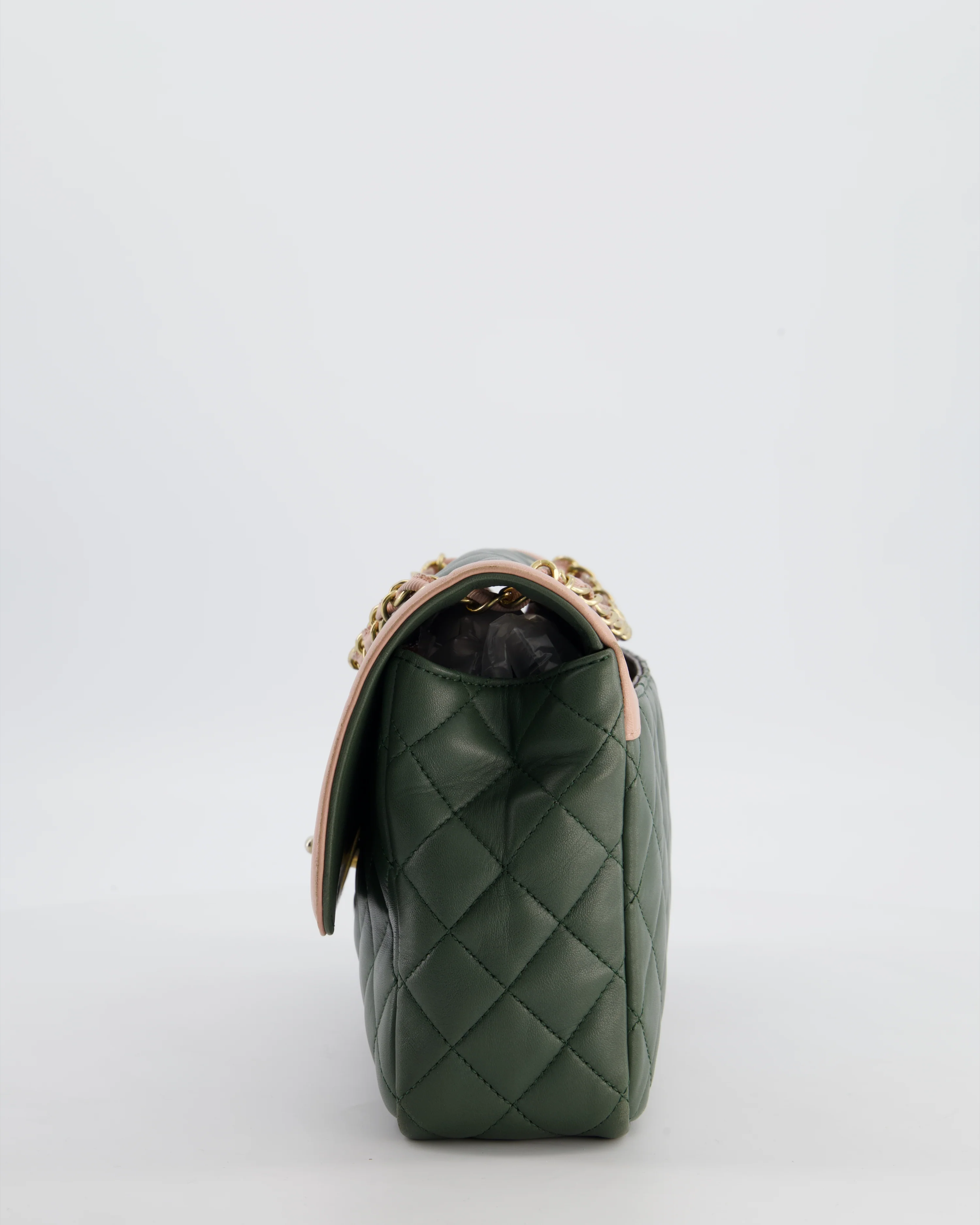 Chanel Khaki and Pink Single Flap Bag in Lambskin Leather with Gold Hardware - Image 10