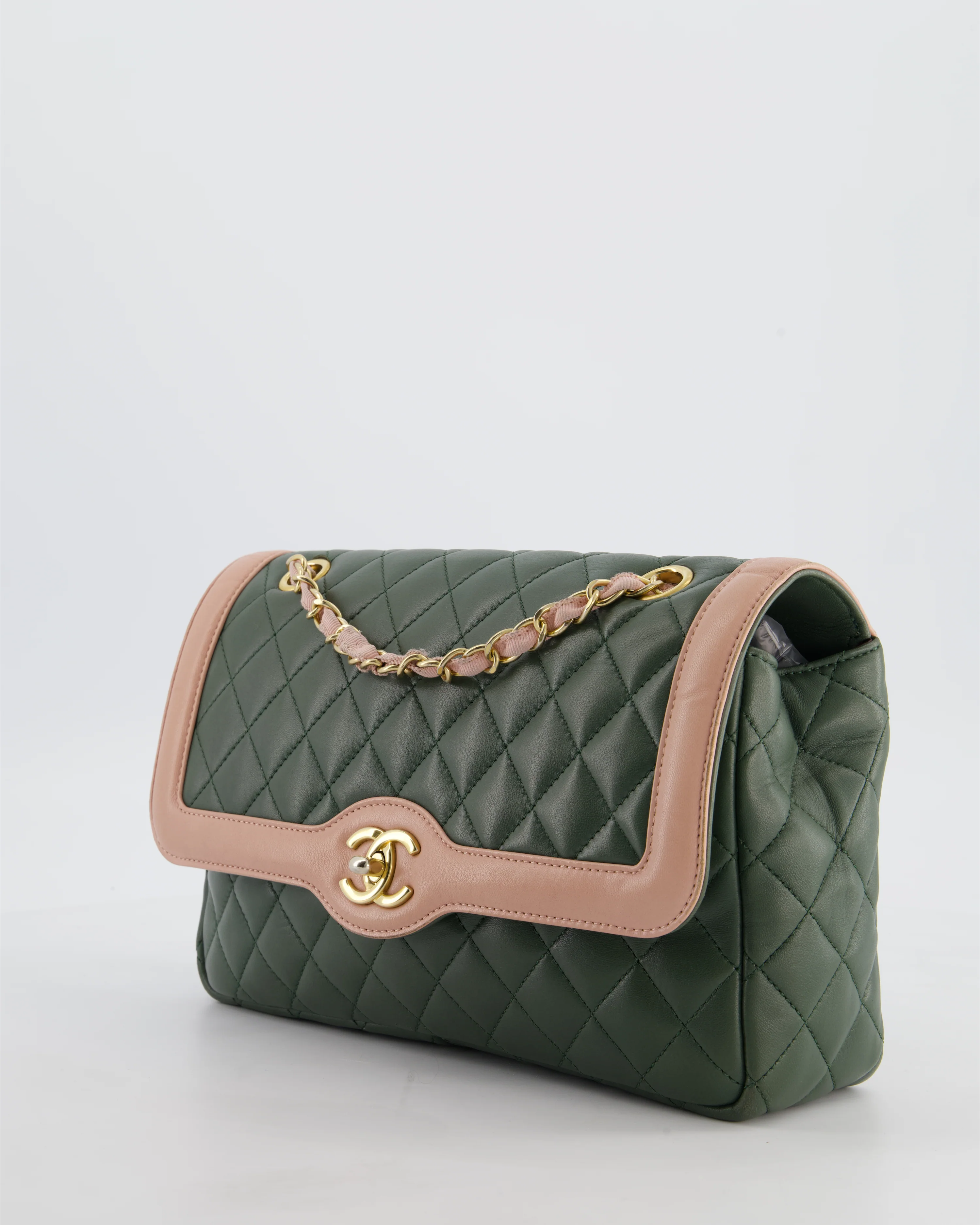 Chanel Khaki and Pink Single Flap Bag in Lambskin Leather with Gold Hardware - Image 11