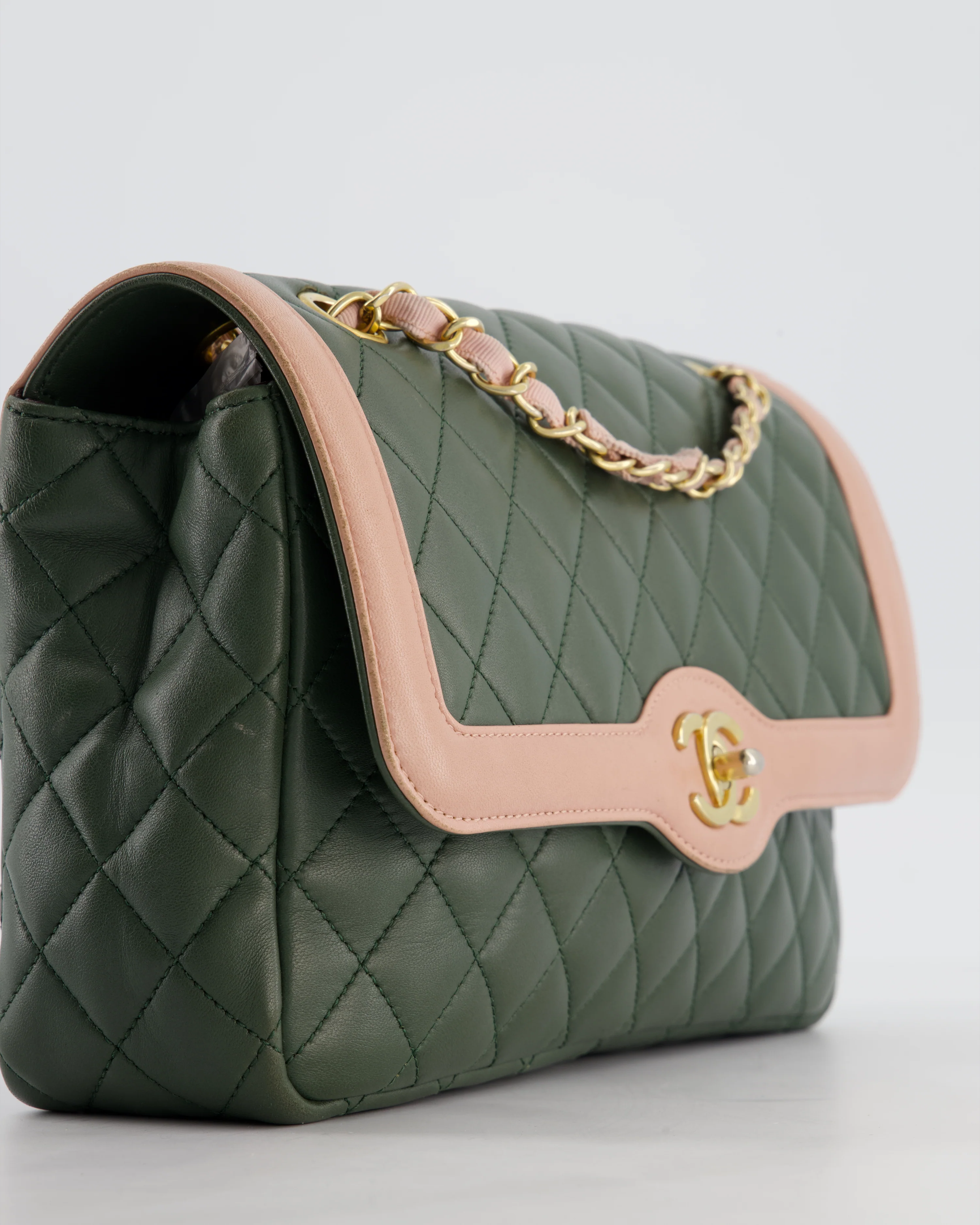 Chanel Khaki and Pink Single Flap Bag in Lambskin Leather with Gold Hardware - Image 12