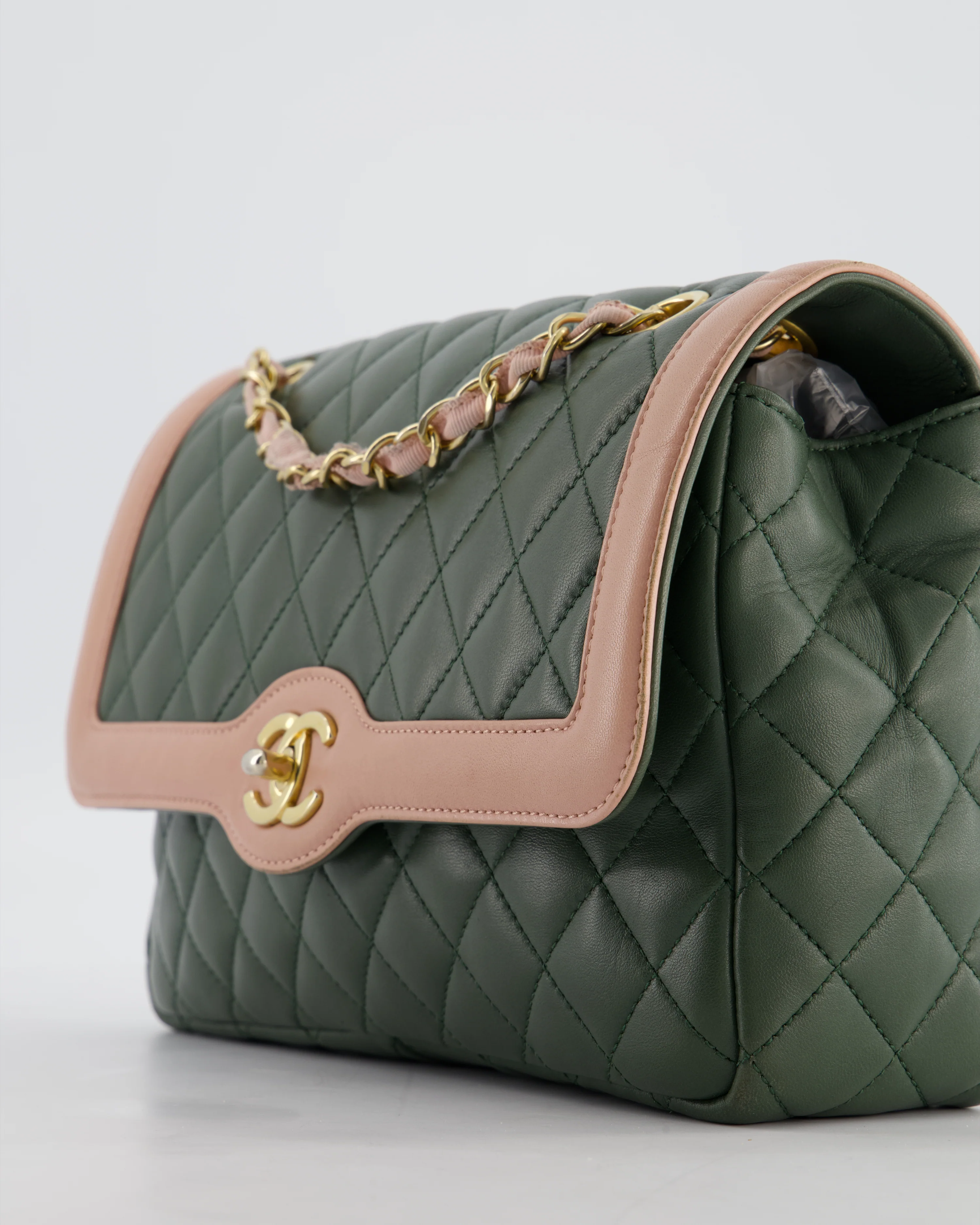 Chanel Khaki and Pink Single Flap Bag in Lambskin Leather with Gold Hardware - Image 13