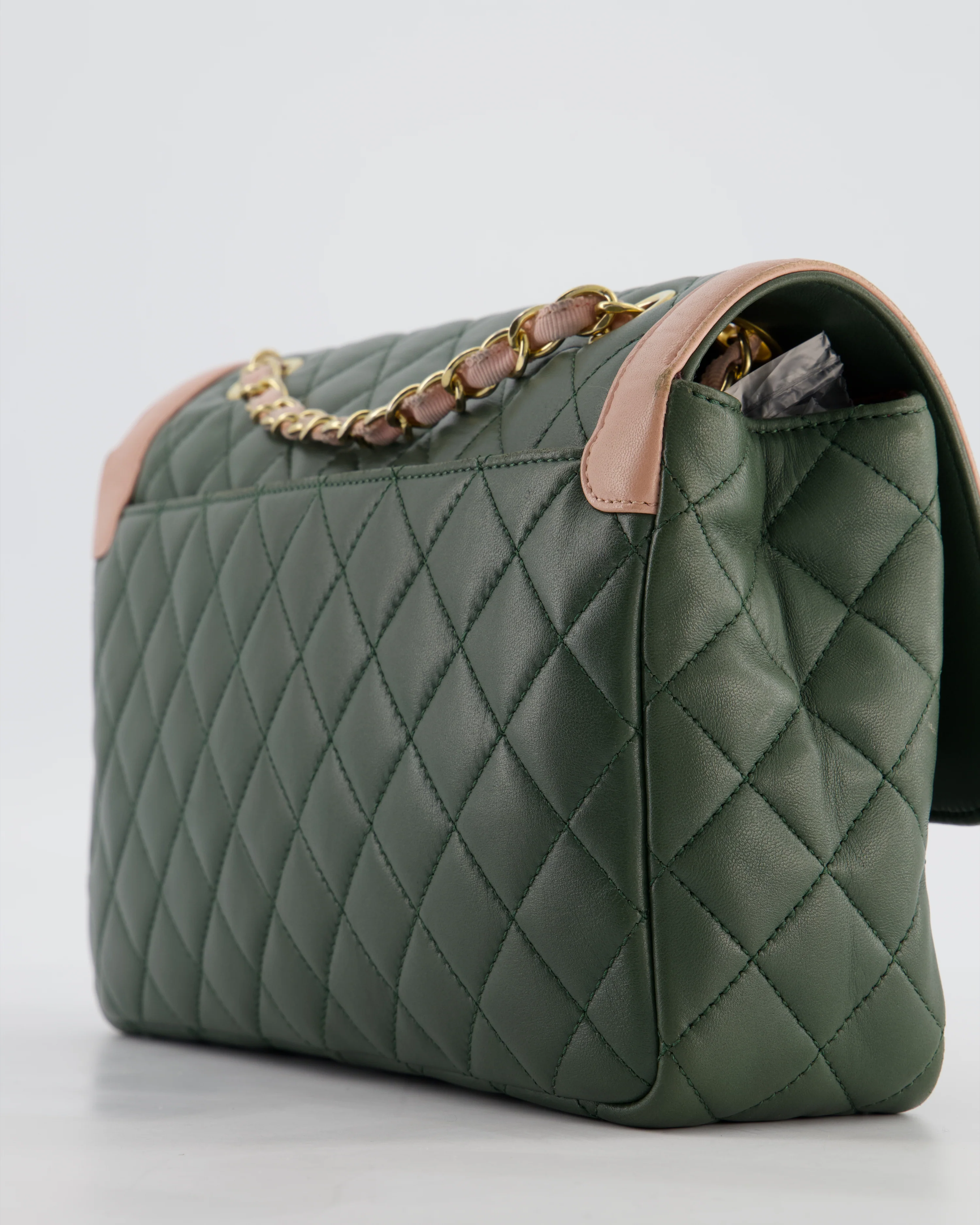 Chanel Khaki and Pink Single Flap Bag in Lambskin Leather with Gold Hardware - Image 14