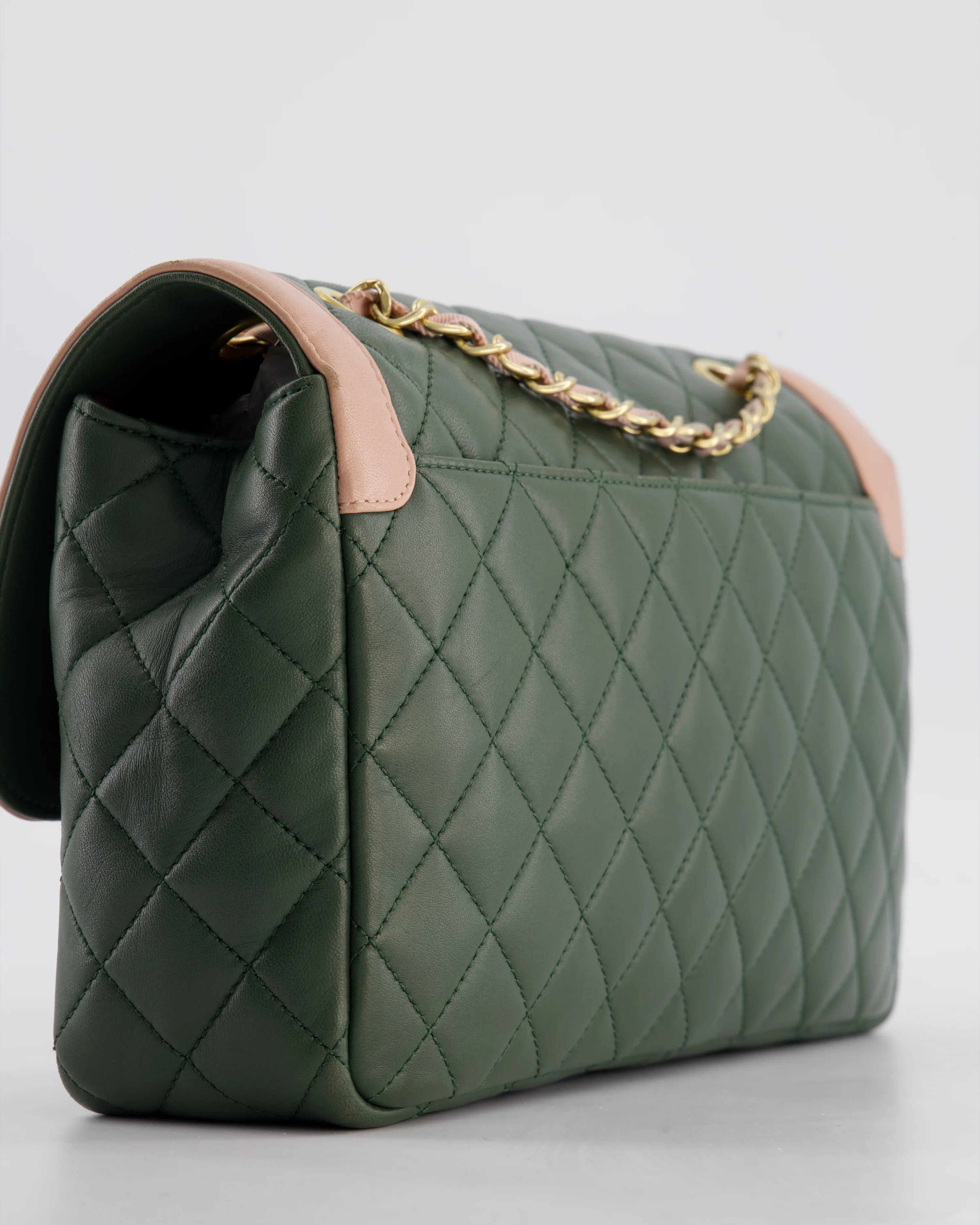 Chanel Khaki and Pink Single Flap Bag in Lambskin Leather with Gold Hardware - Image 15