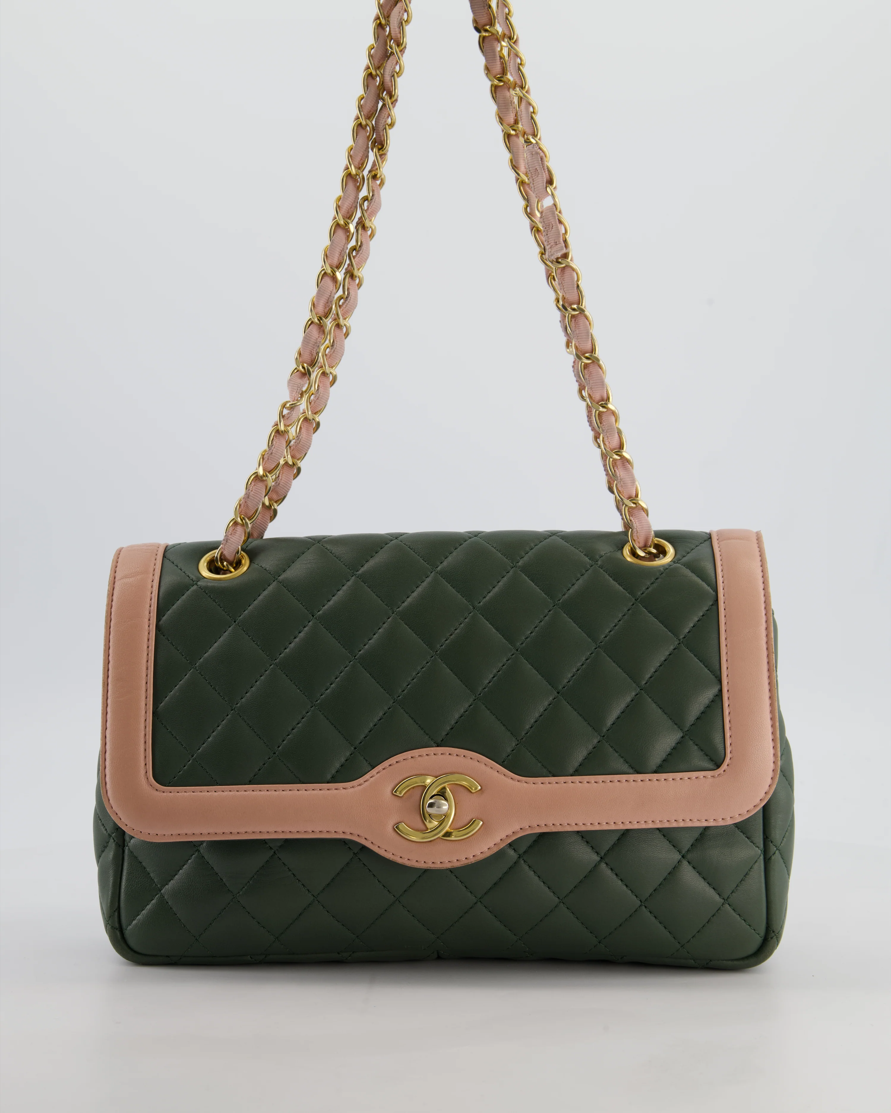 Chanel Khaki and Pink Single Flap Bag in Lambskin Leather with Gold Hardware - Image 19
