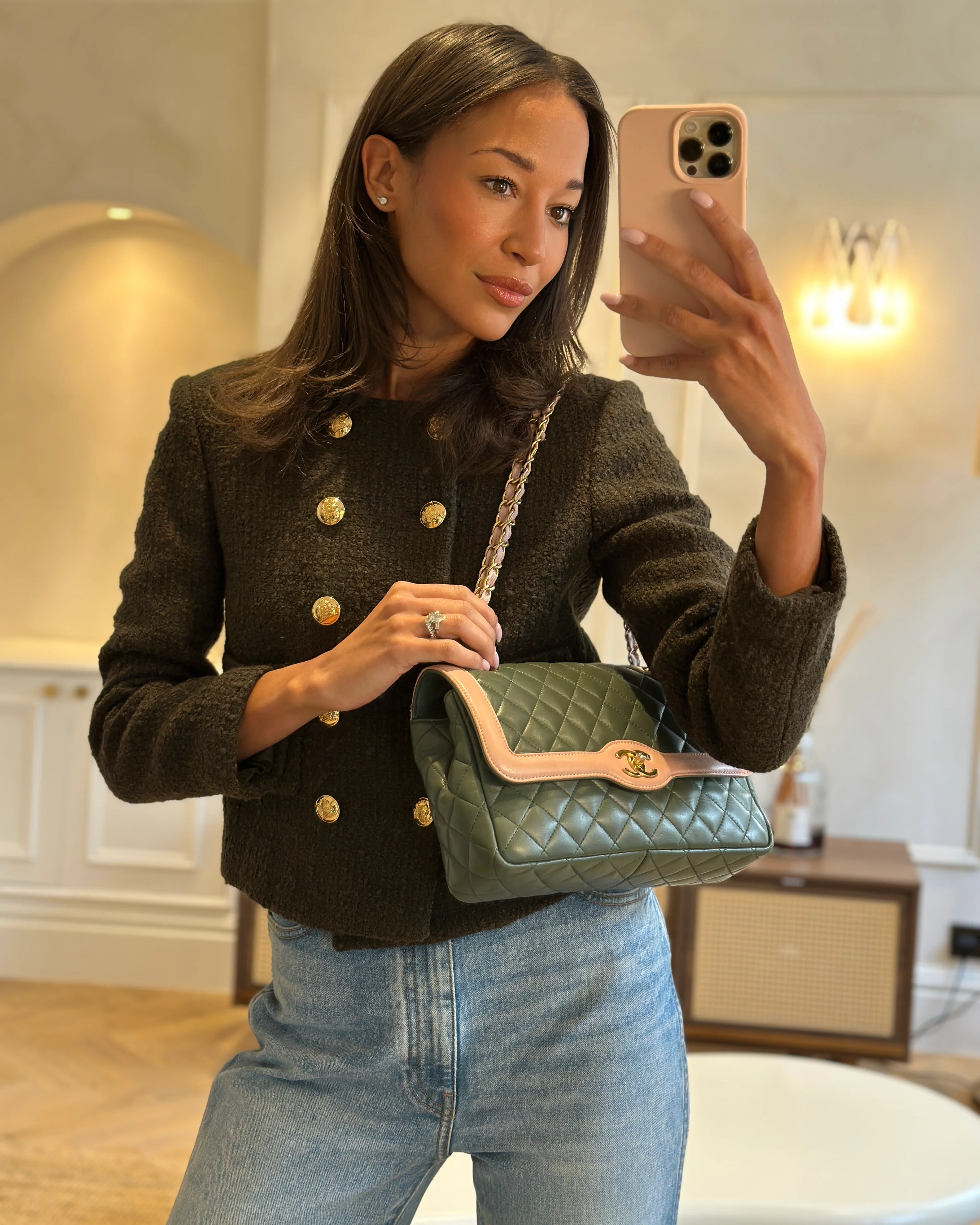 Chanel Khaki and Pink Single Flap Bag in Lambskin Leather with Gold Hardware - Image 2