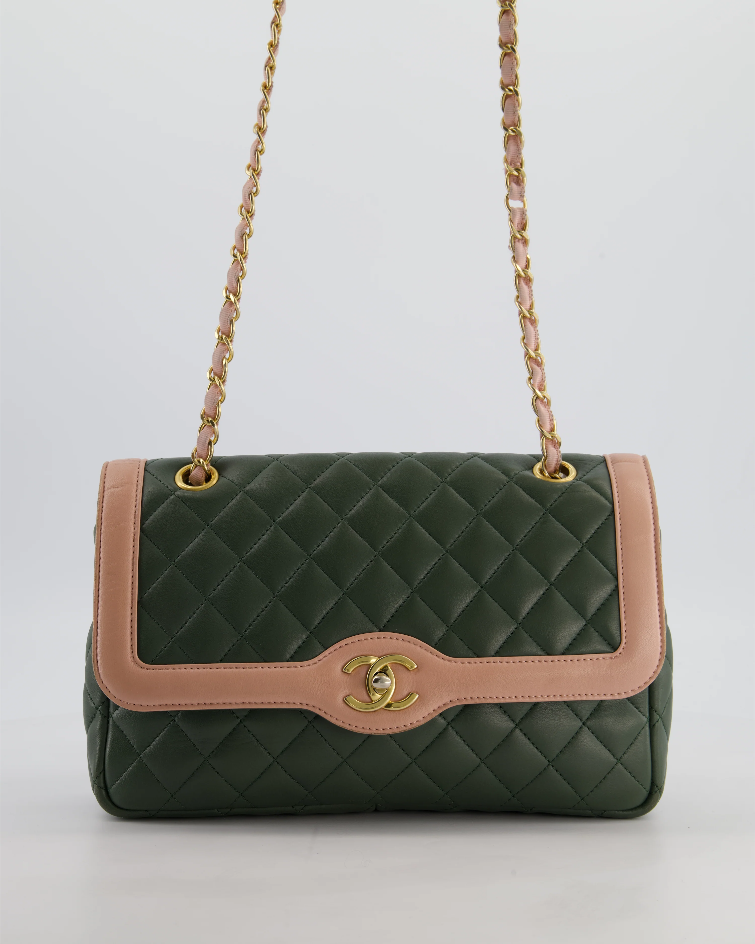 Chanel Khaki and Pink Single Flap Bag in Lambskin Leather with Gold Hardware - Image 20