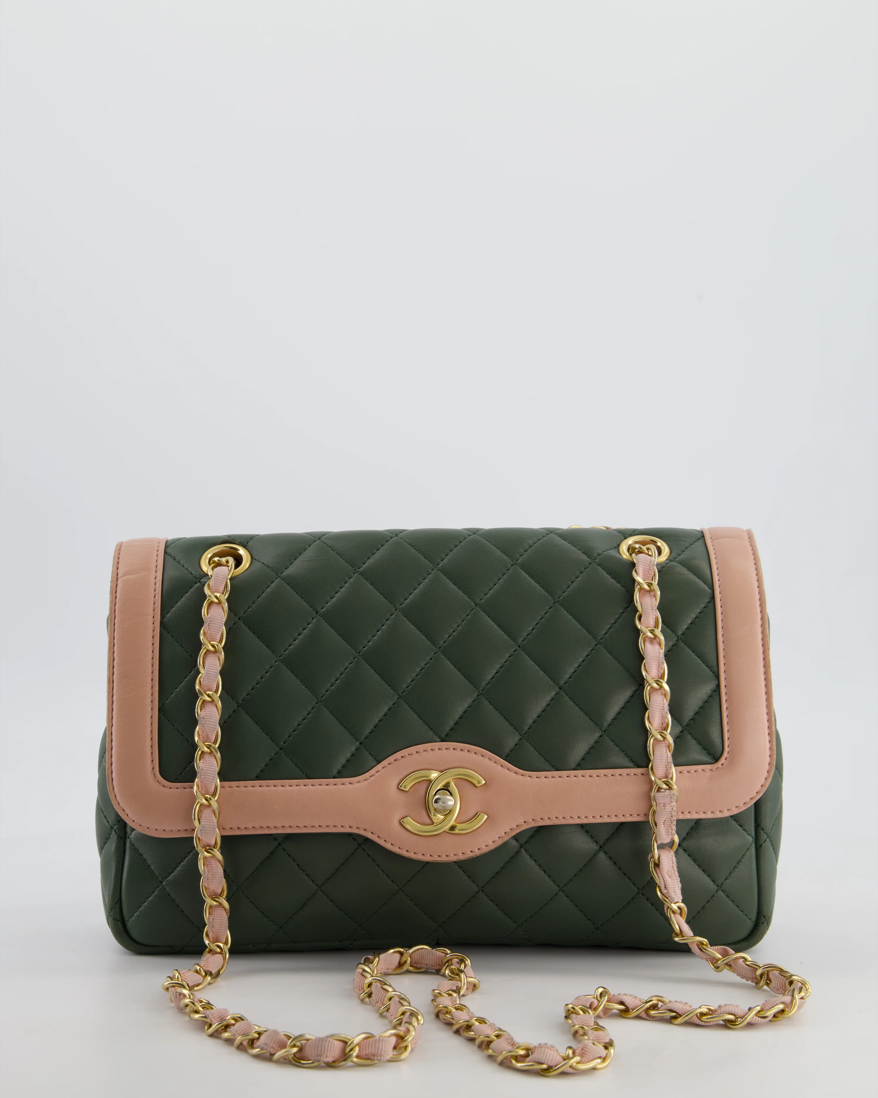 Chanel Khaki and Pink Single Flap Bag in Lambskin Leather with Gold Hardware - Image 4