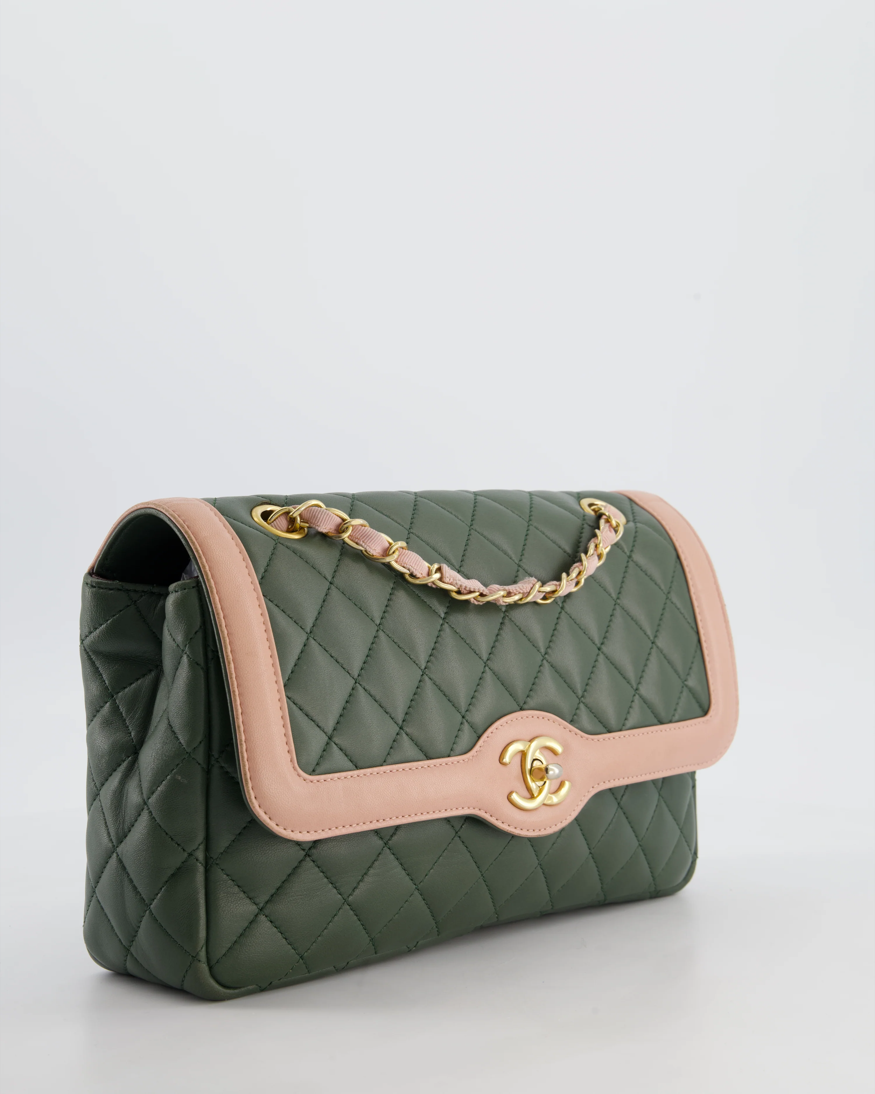Chanel Khaki and Pink Single Flap Bag in Lambskin Leather with Gold Hardware - Image 5