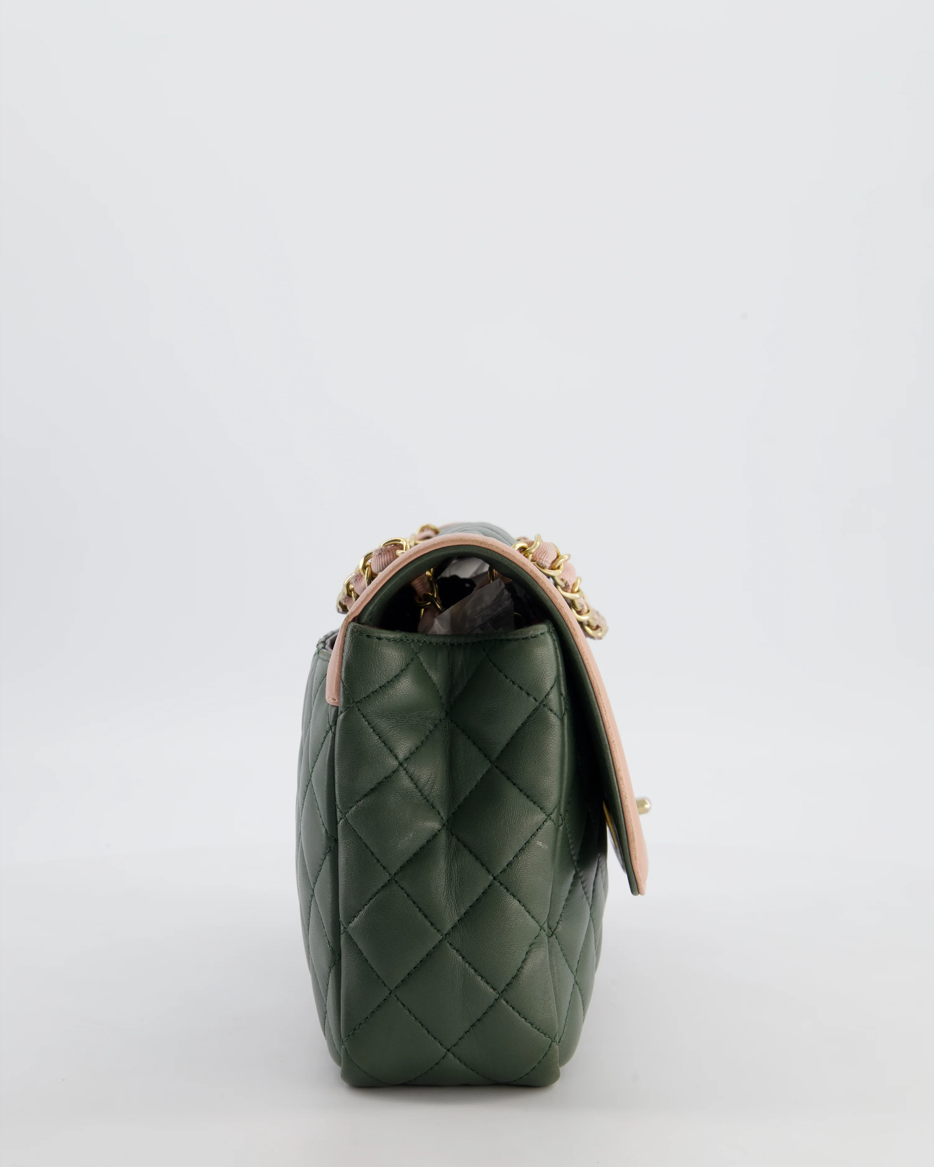 Chanel Khaki and Pink Single Flap Bag in Lambskin Leather with Gold Hardware - Image 6