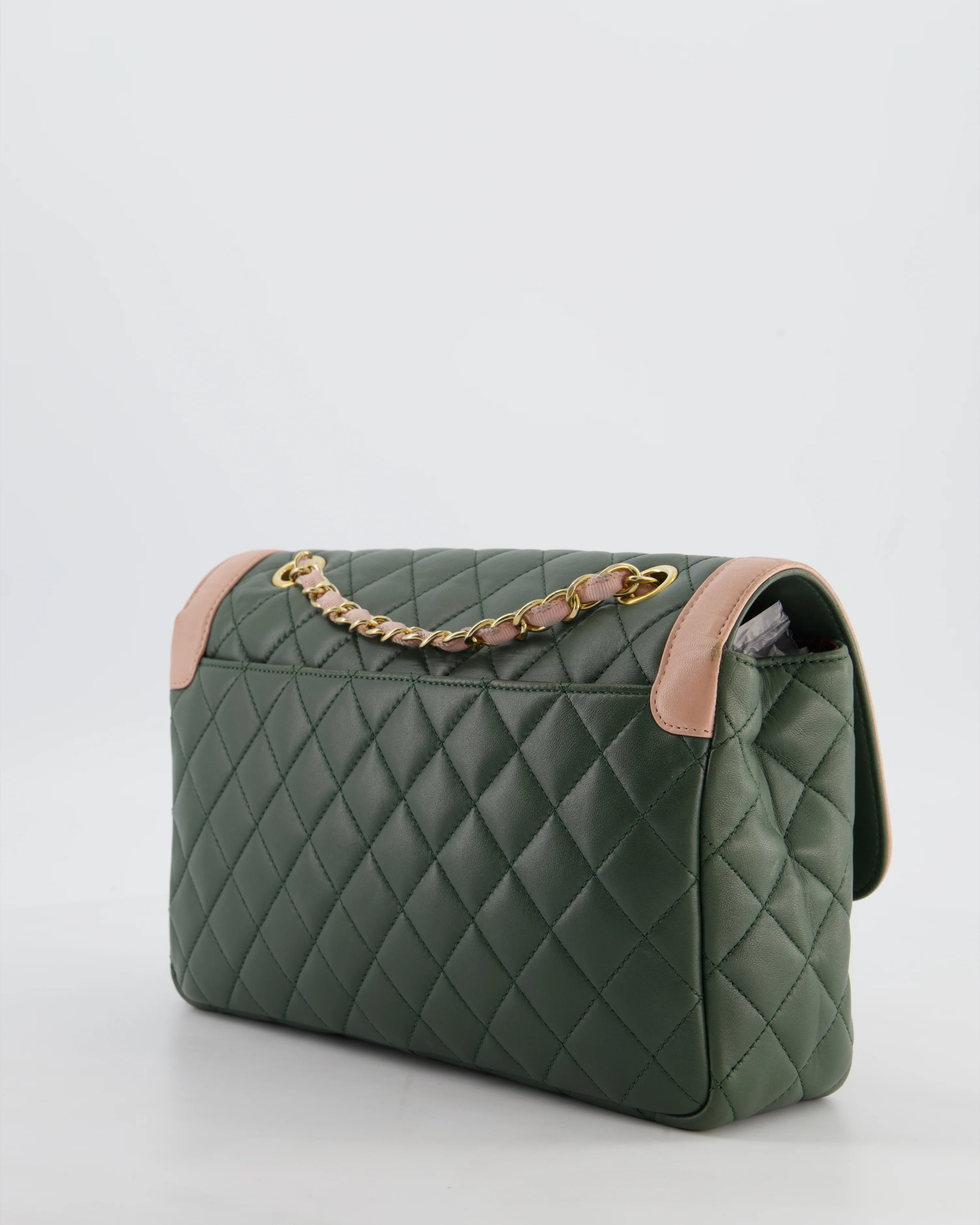 Chanel Khaki and Pink Single Flap Bag in Lambskin Leather with Gold Hardware - Image 7