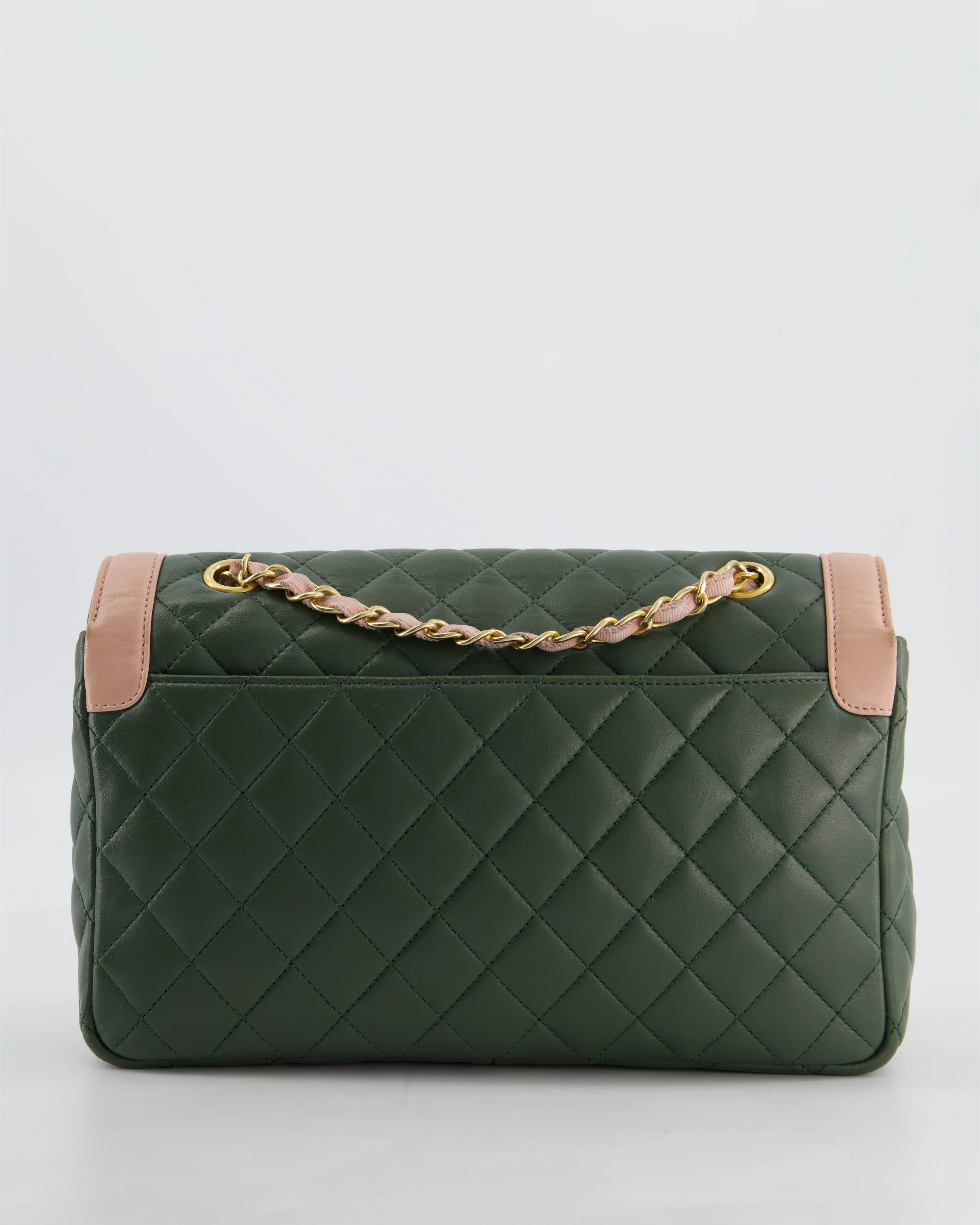 Chanel Khaki and Pink Single Flap Bag in Lambskin Leather with Gold Hardware - Image 8