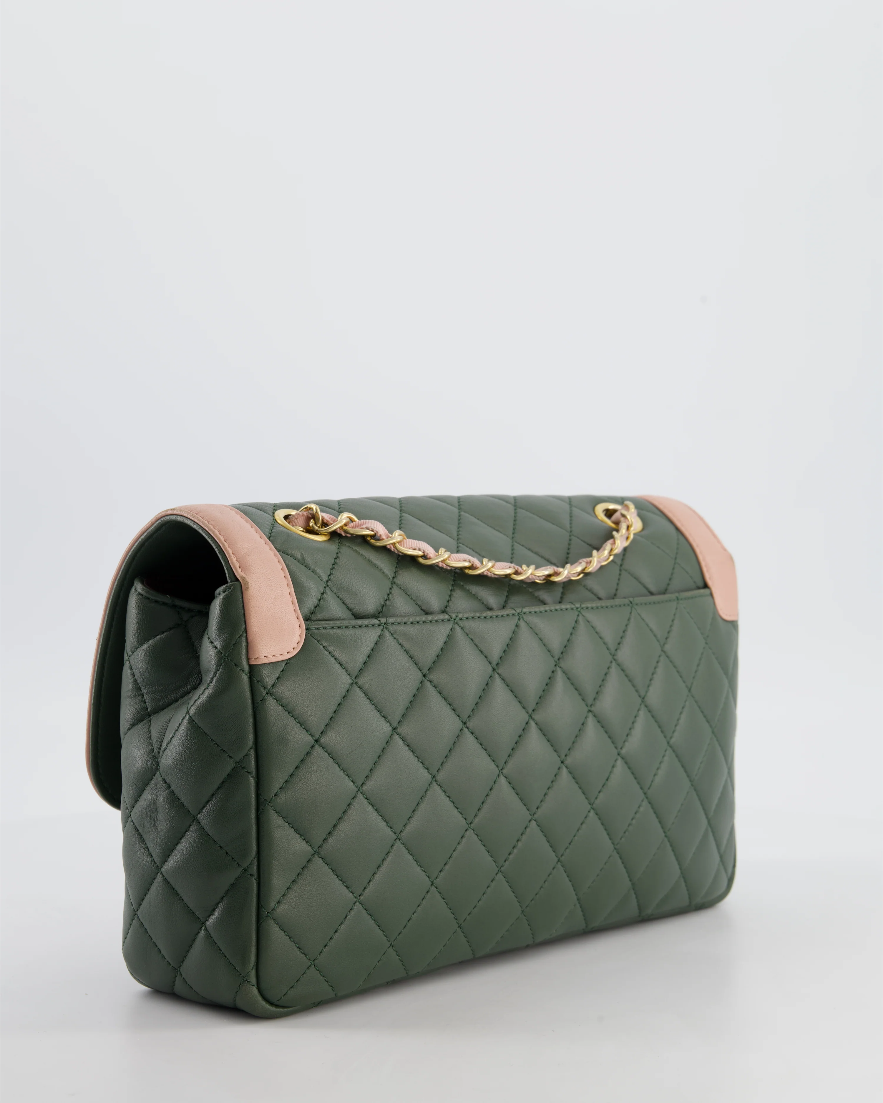 Chanel Khaki and Pink Single Flap Bag in Lambskin Leather with Gold Hardware - Image 9