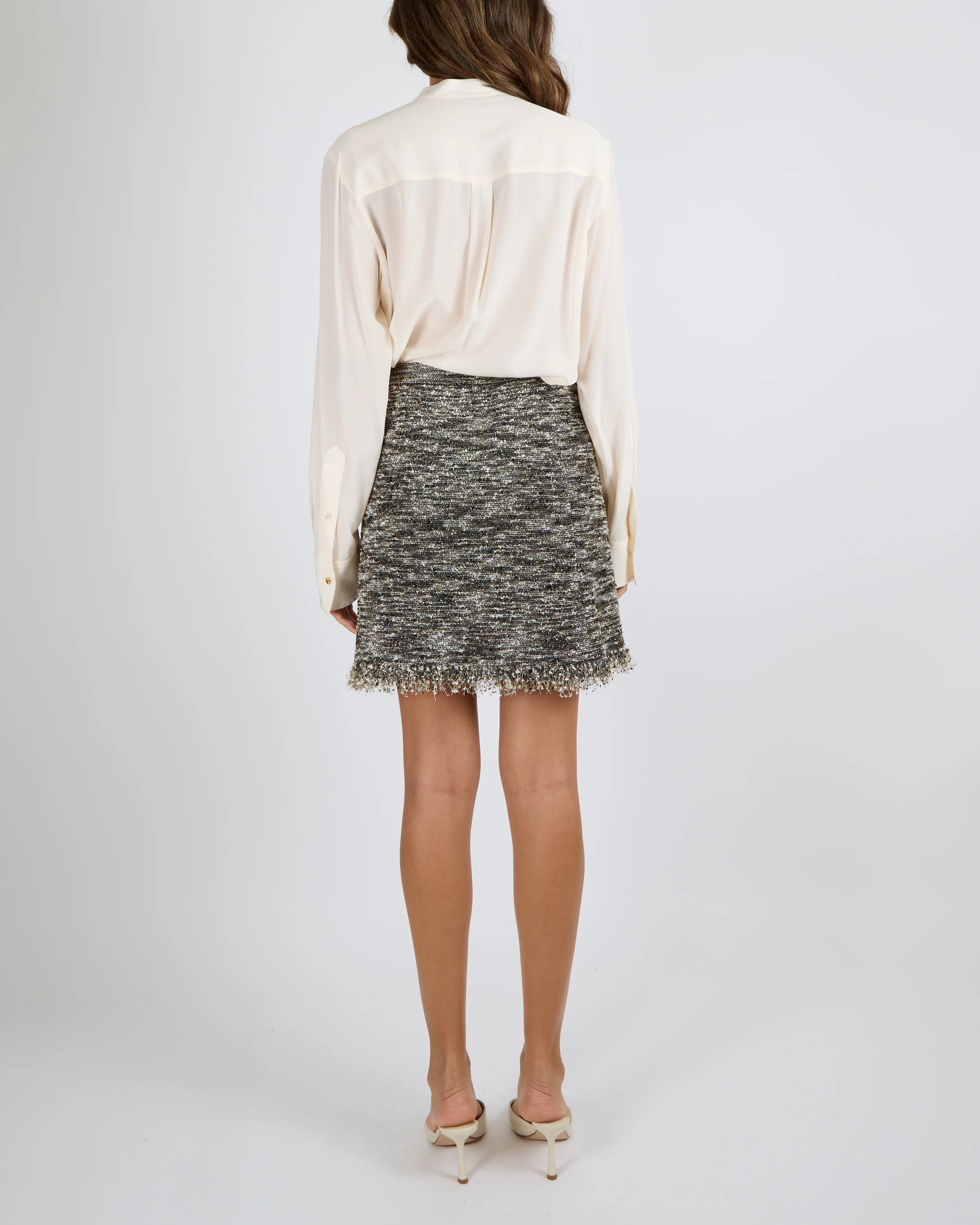 Chanel Paris Greece Resort 2018 Khaki, Cream and Metallic Gold Tweed Mini Skirt Size FR 36 (UK 8) - Image 5