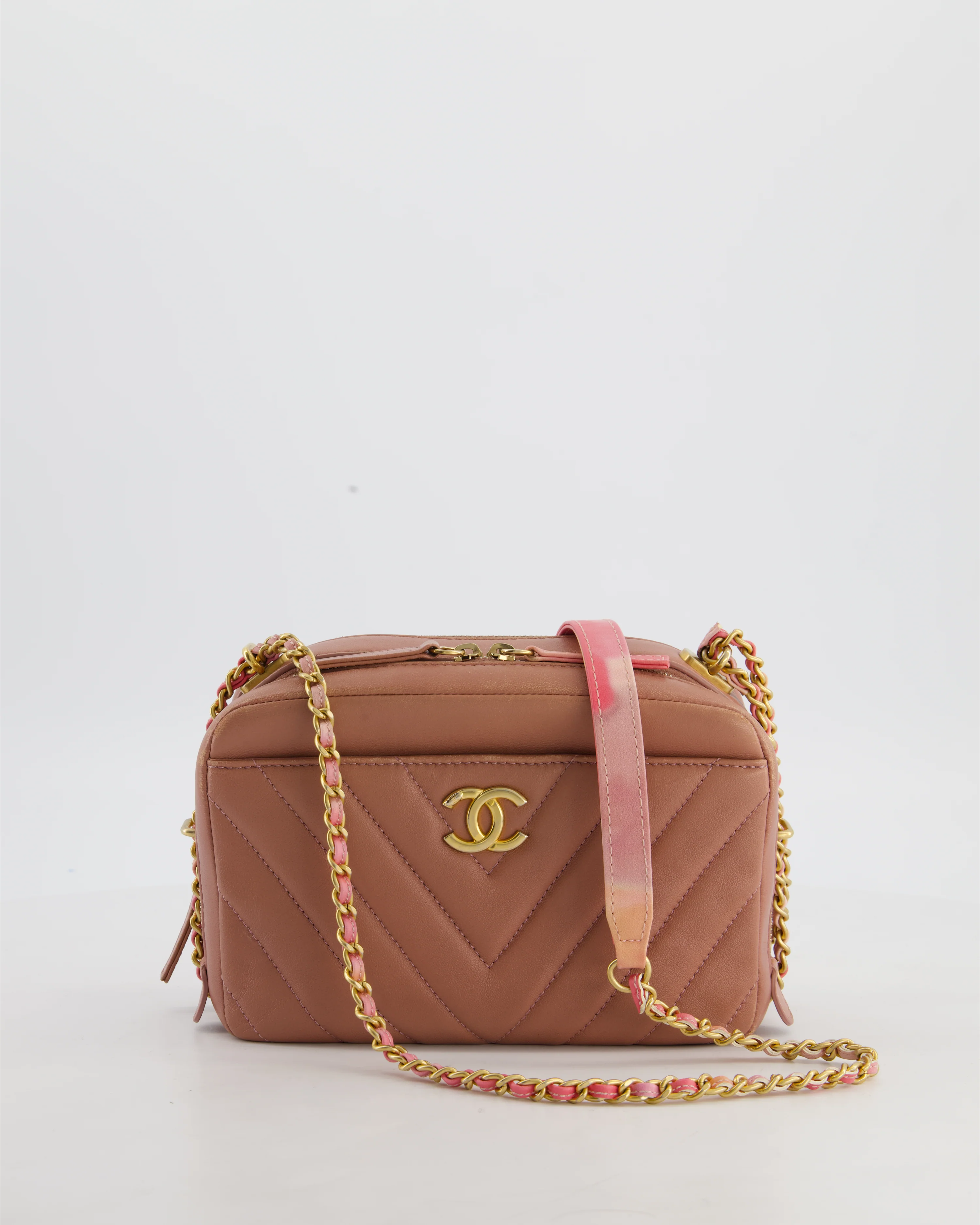 Chanel Dusty Pink Camera Bag in Chevron Lambskin Leather with Brushed Gold Hardware and Multicolour Leather Strap