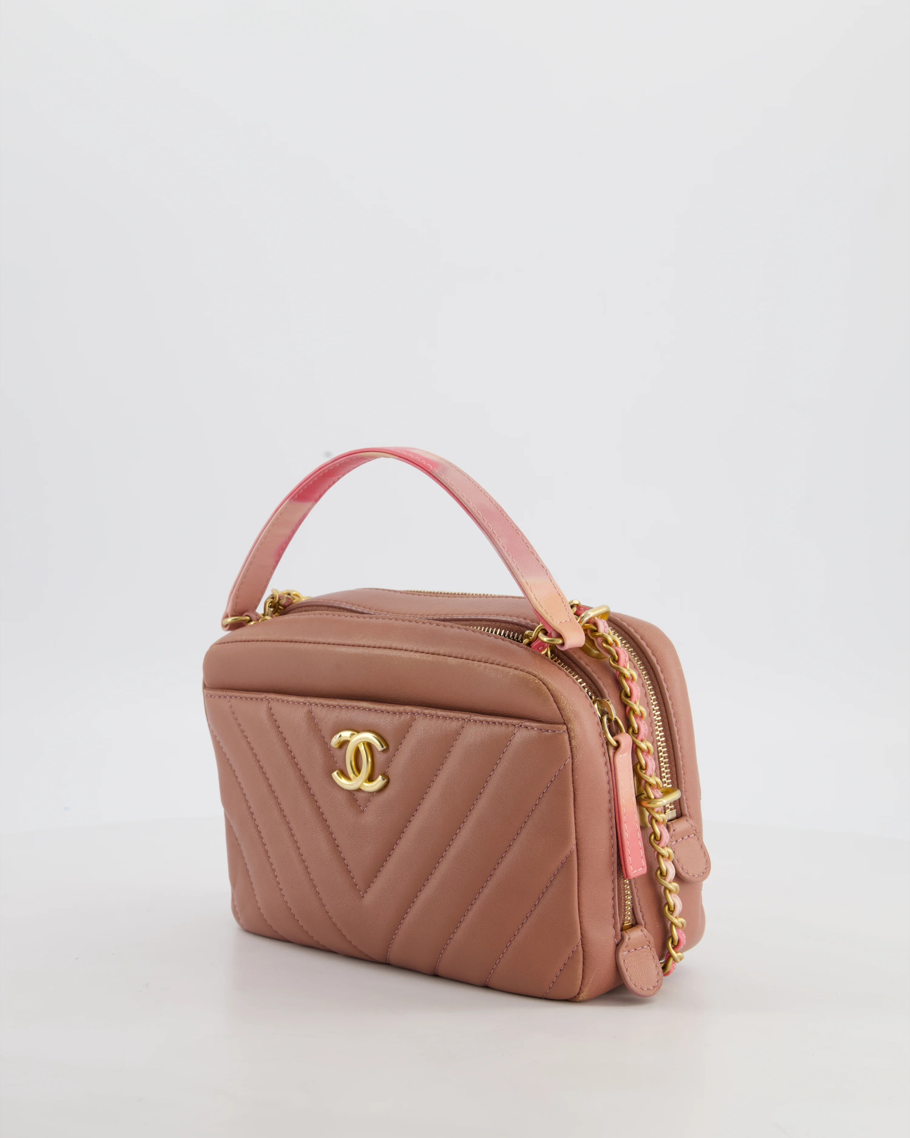 Chanel Dusty Pink Camera Bag in Chevron Lambskin Leather with Brushed Gold Hardware and Multicolour Leather Strap - Image 11