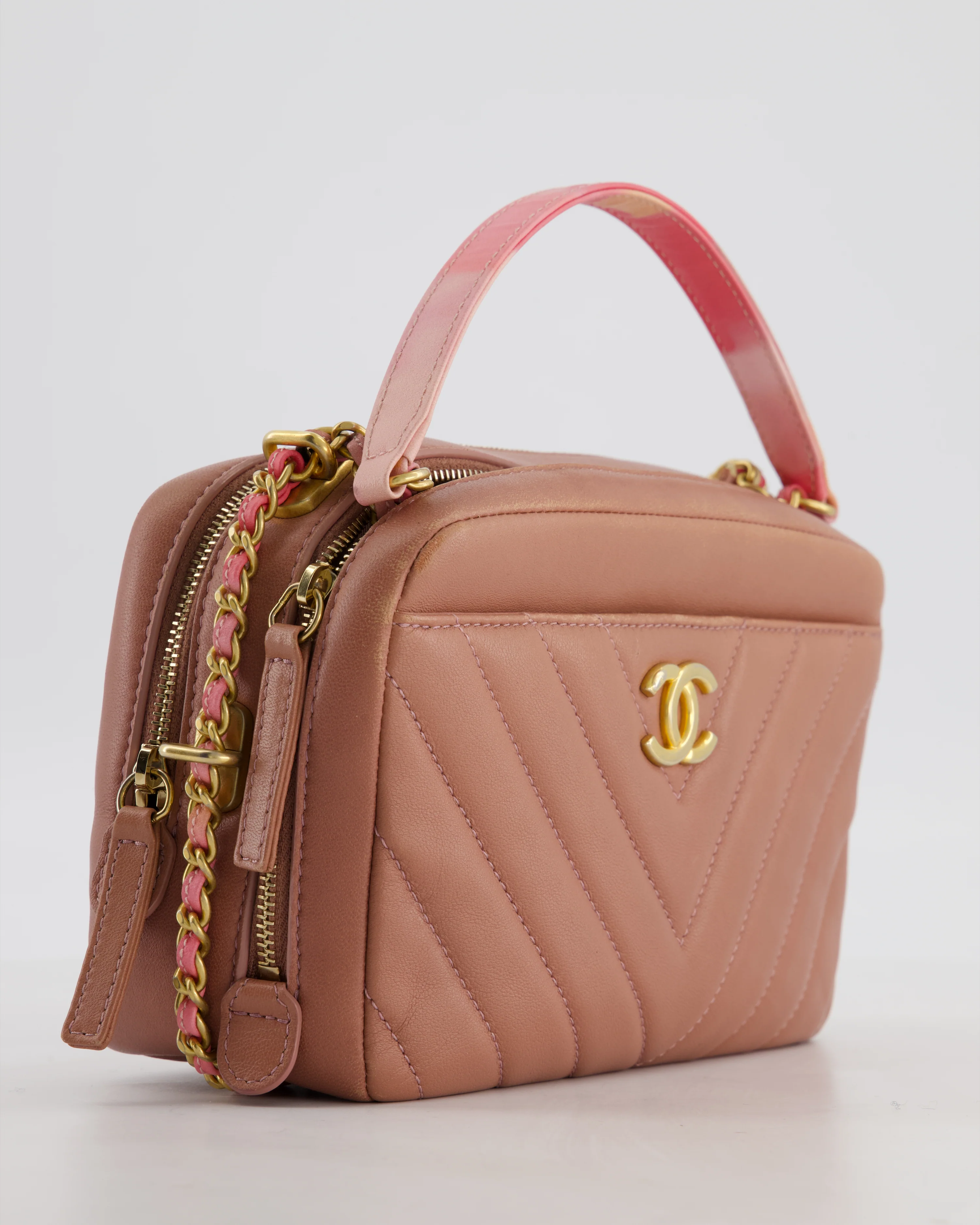 Chanel Dusty Pink Camera Bag in Chevron Lambskin Leather with Brushed Gold Hardware and Multicolour Leather Strap - Image 12
