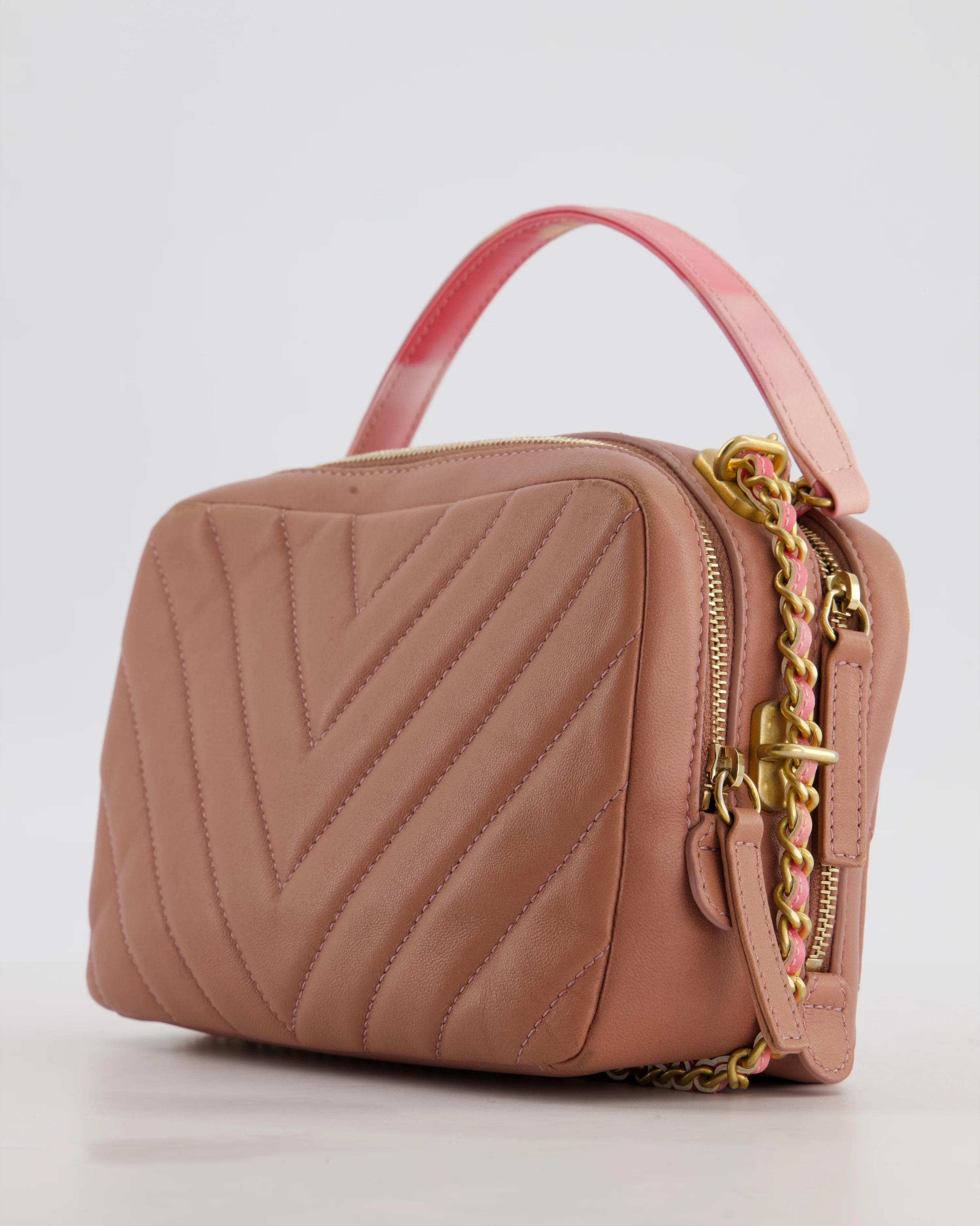 Chanel Dusty Pink Camera Bag in Chevron Lambskin Leather with Brushed Gold Hardware and Multicolour Leather Strap - Image 14