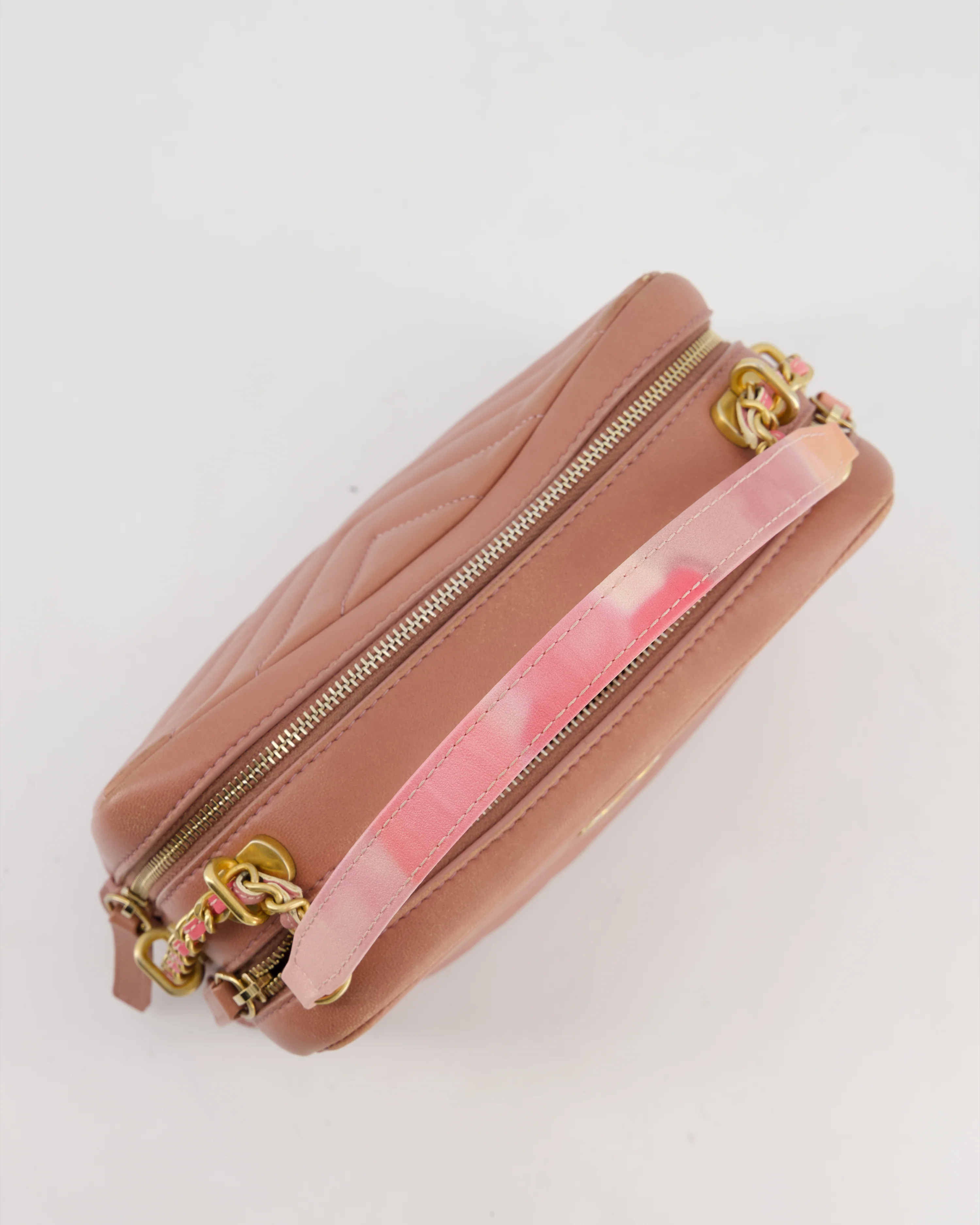 Chanel Dusty Pink Camera Bag in Chevron Lambskin Leather with Brushed Gold Hardware and Multicolour Leather Strap - Image 17