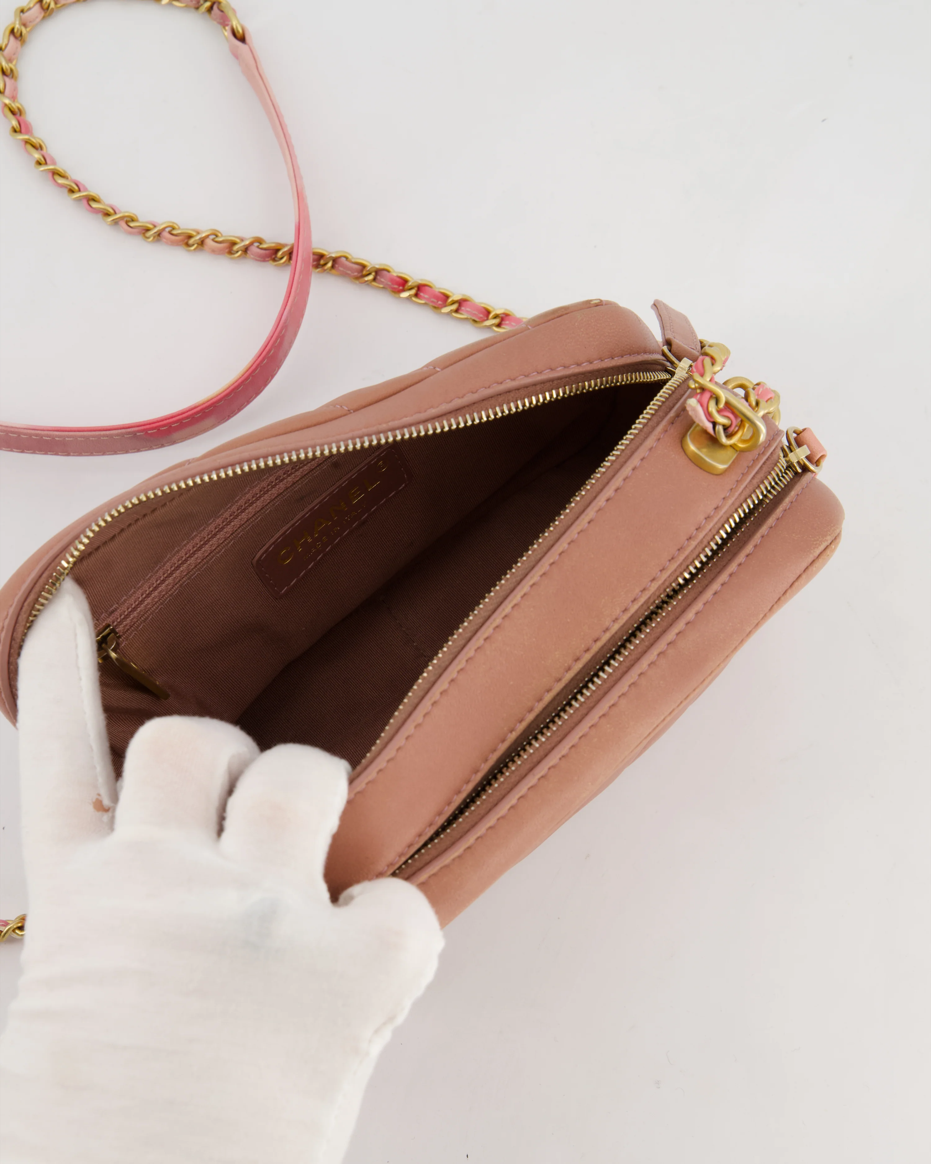 Chanel Dusty Pink Camera Bag in Chevron Lambskin Leather with Brushed Gold Hardware and Multicolour Leather Strap - Image 18