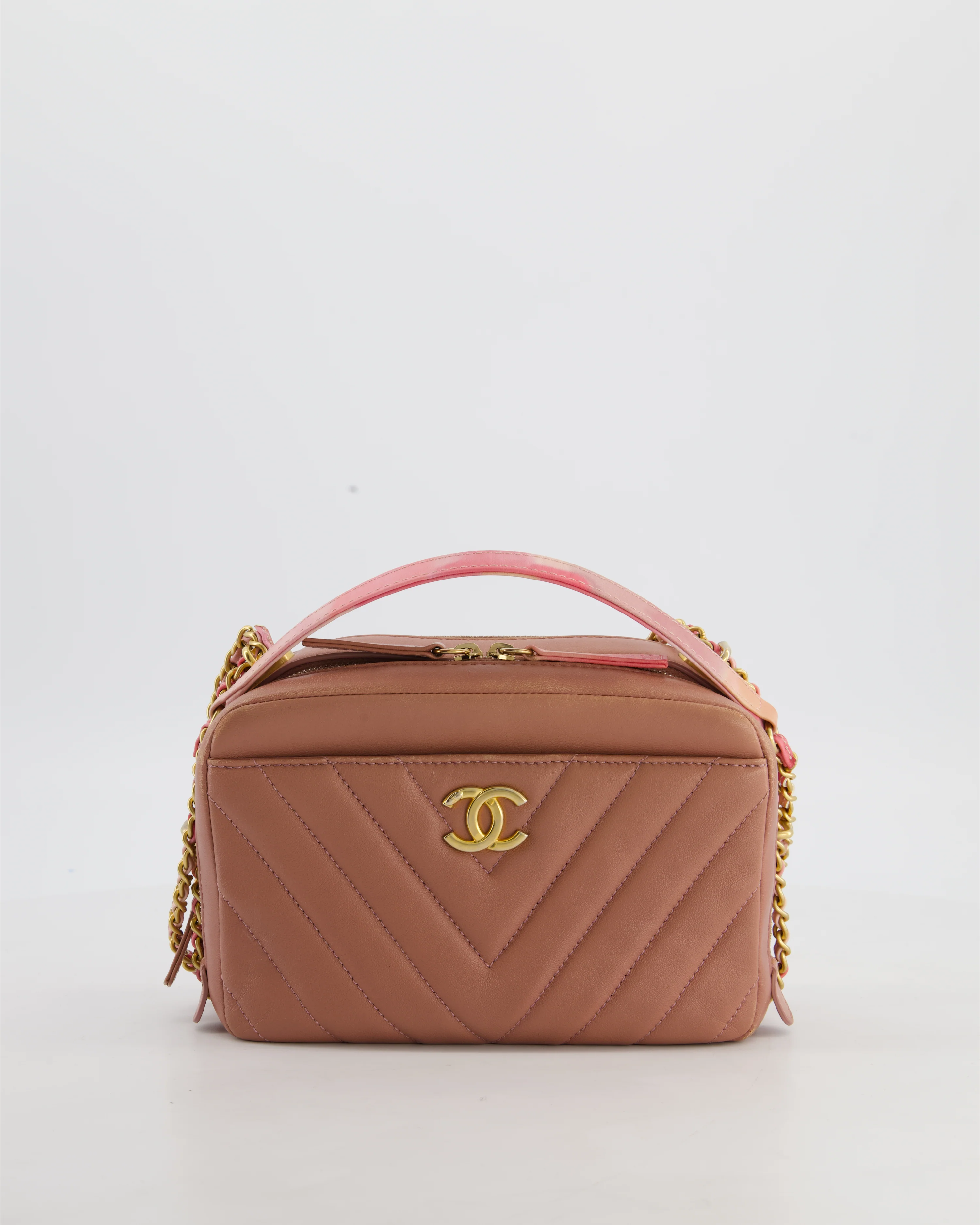Chanel Dusty Pink Camera Bag in Chevron Lambskin Leather with Brushed Gold Hardware and Multicolour Leather Strap - Image 2