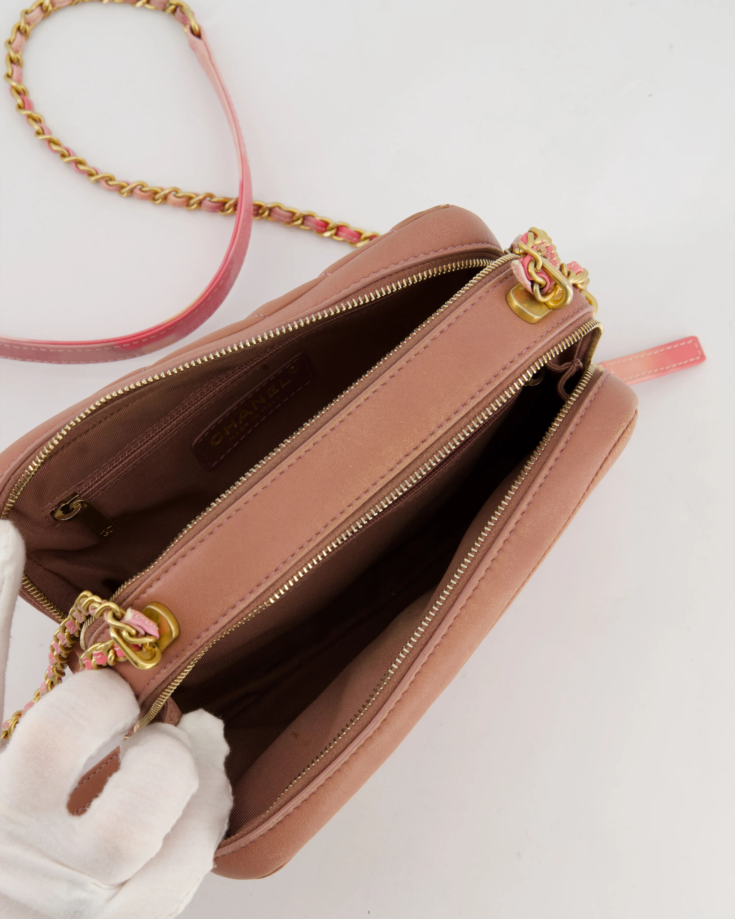 Chanel Dusty Pink Camera Bag in Chevron Lambskin Leather with Brushed Gold Hardware and Multicolour Leather Strap - Image 20
