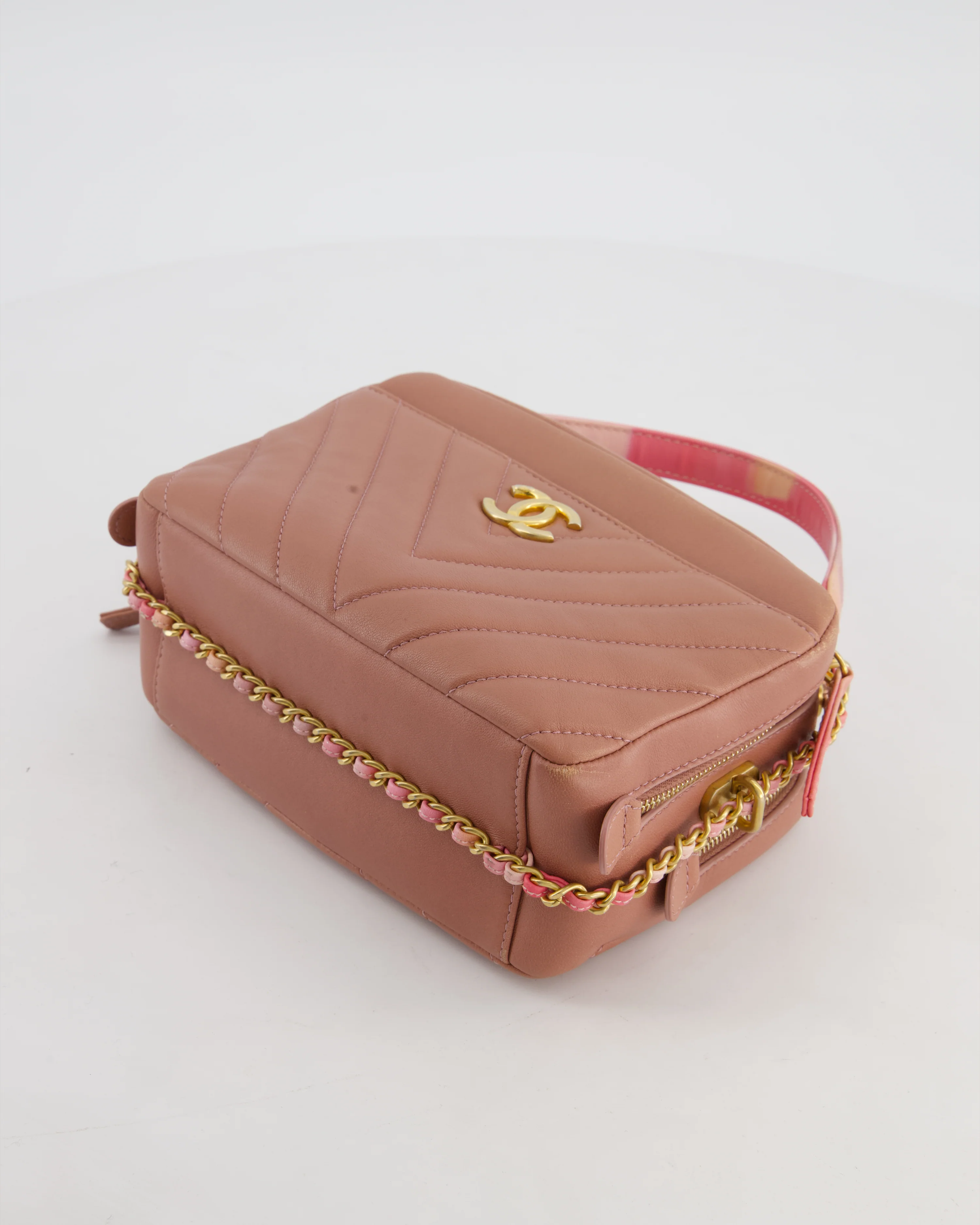 Chanel Dusty Pink Camera Bag in Chevron Lambskin Leather with Brushed Gold Hardware and Multicolour Leather Strap - Image 22
