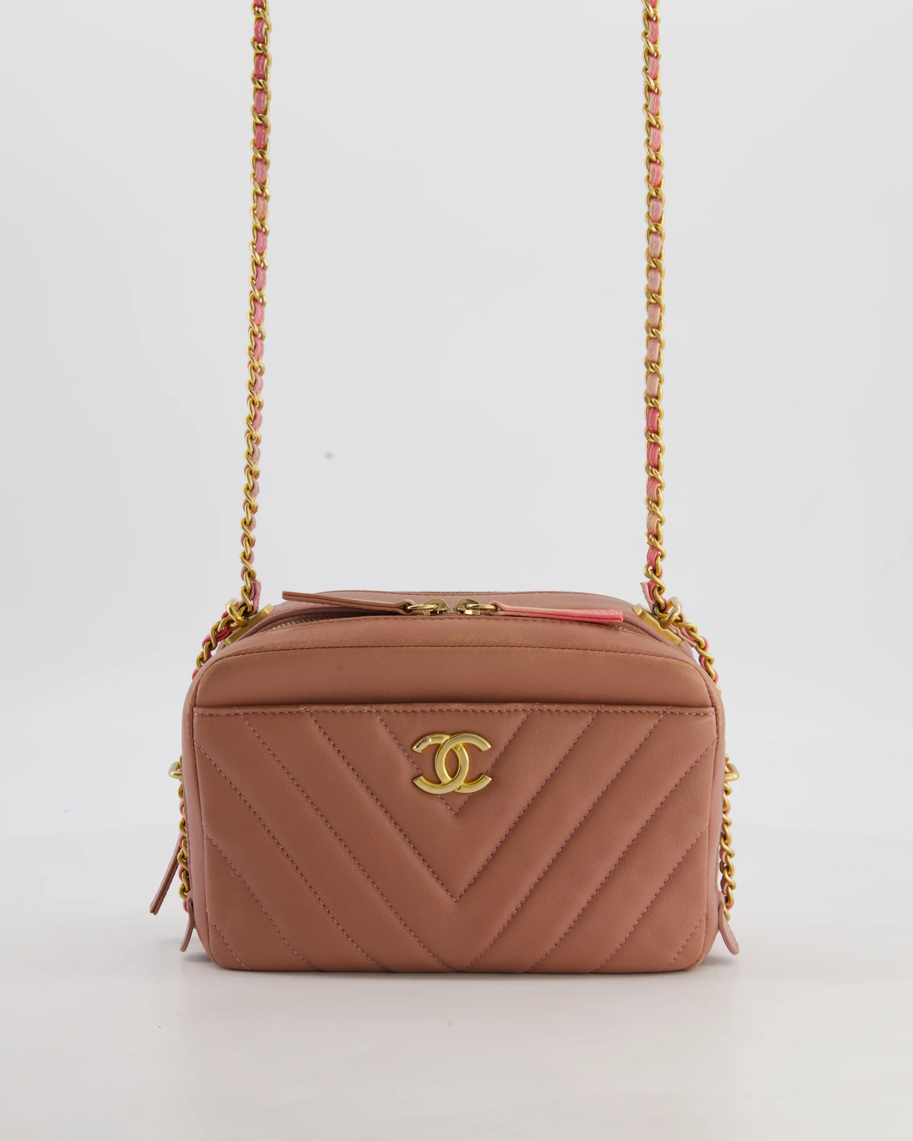 Chanel Dusty Pink Camera Bag in Chevron Lambskin Leather with Brushed Gold Hardware and Multicolour Leather Strap - Image 3