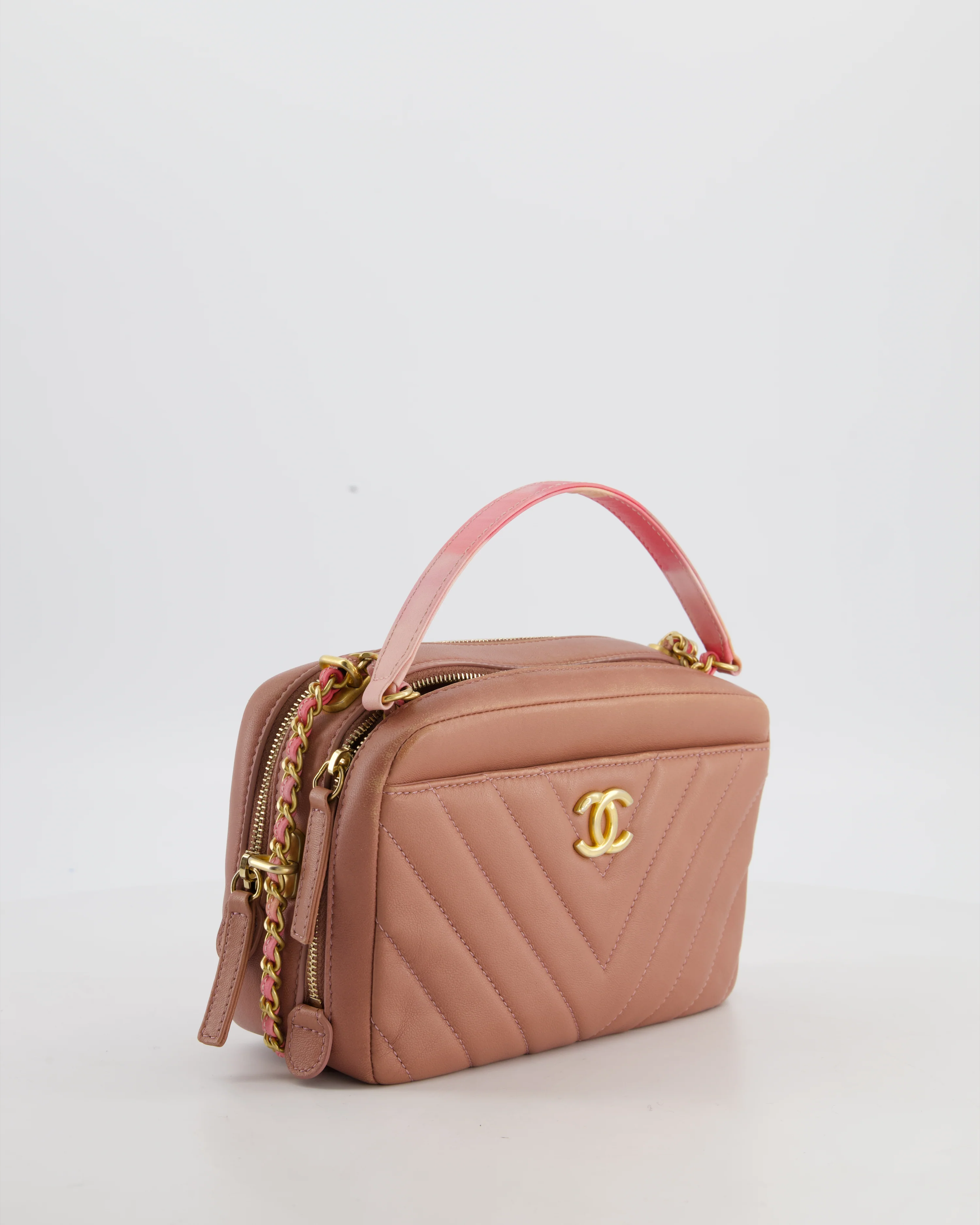 Chanel Dusty Pink Camera Bag in Chevron Lambskin Leather with Brushed Gold Hardware and Multicolour Leather Strap - Image 5