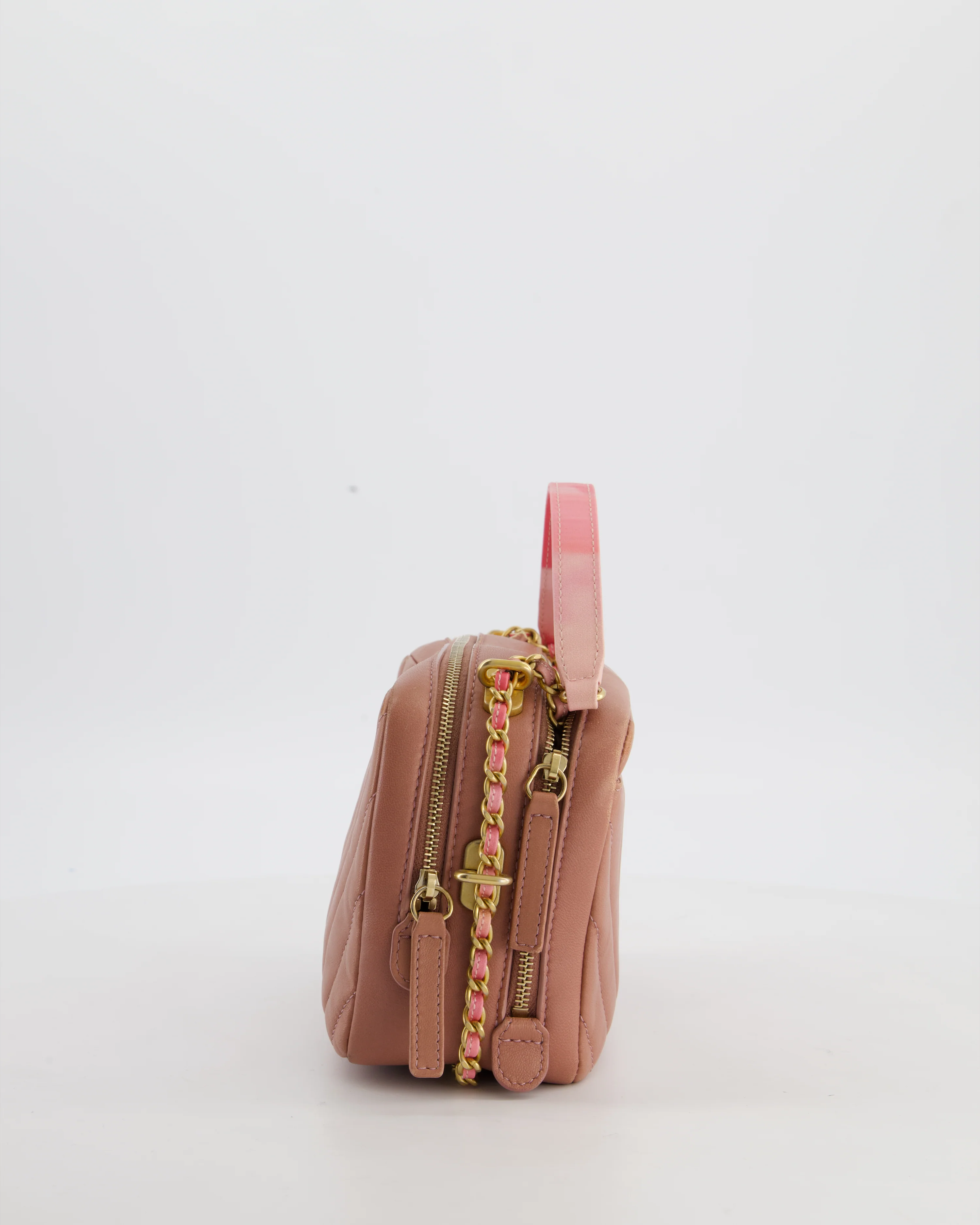 Chanel Dusty Pink Camera Bag in Chevron Lambskin Leather with Brushed Gold Hardware and Multicolour Leather Strap - Image 6