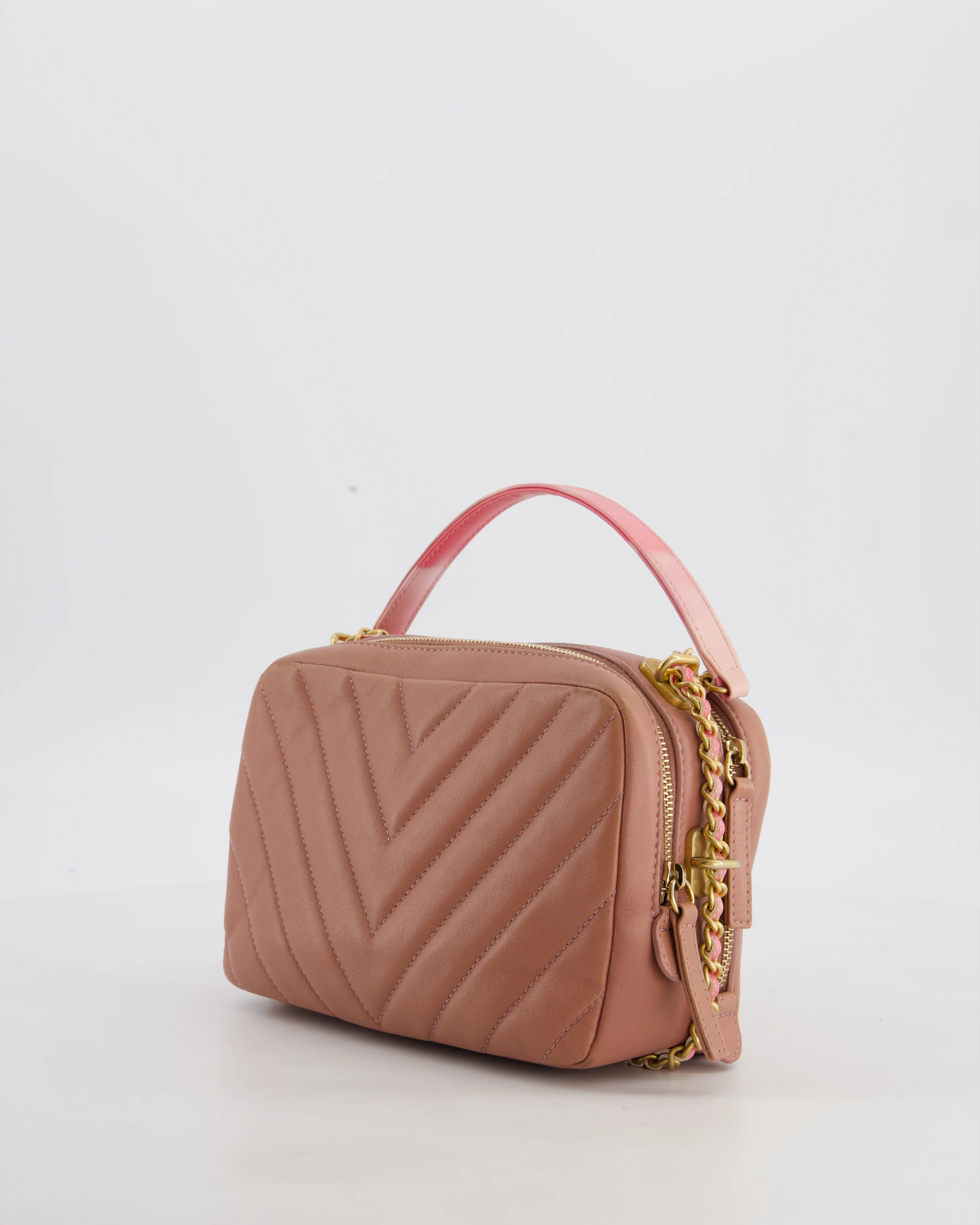Chanel Dusty Pink Camera Bag in Chevron Lambskin Leather with Brushed Gold Hardware and Multicolour Leather Strap - Image 7