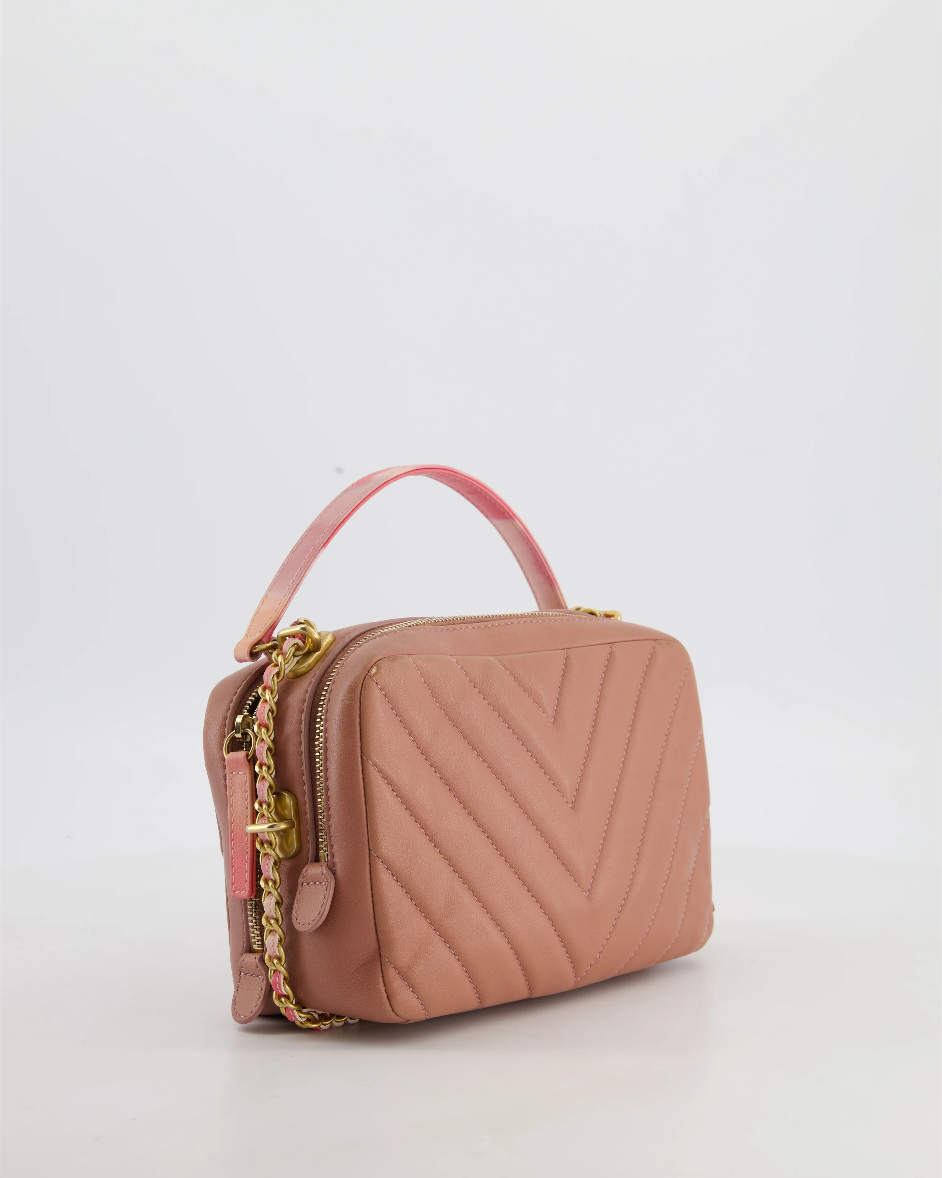 Chanel Dusty Pink Camera Bag in Chevron Lambskin Leather with Brushed Gold Hardware and Multicolour Leather Strap - Image 9
