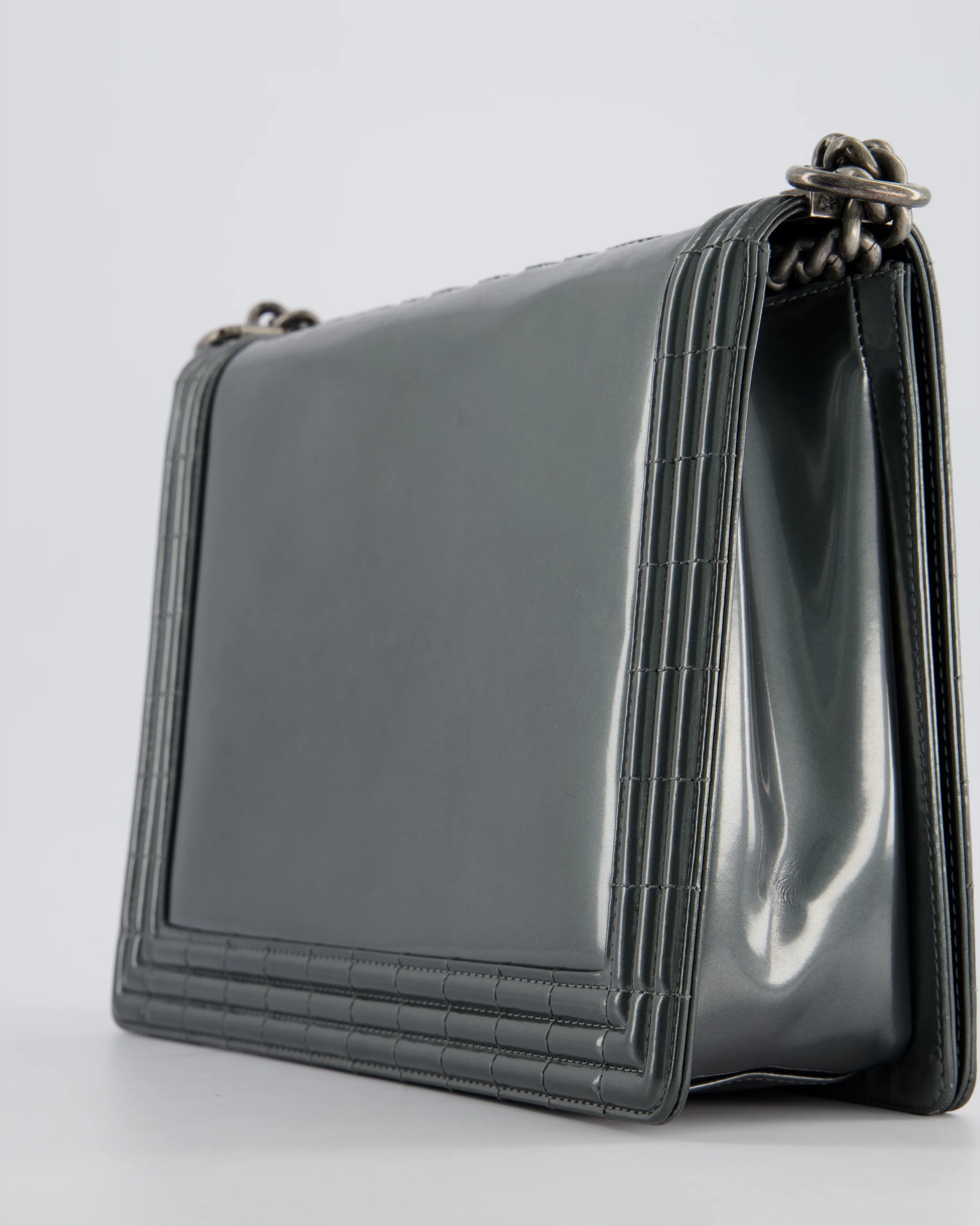 Chanel Large Dark Grey Boy Bag in Patent Leather with Ruthenium Hardware - Image 11