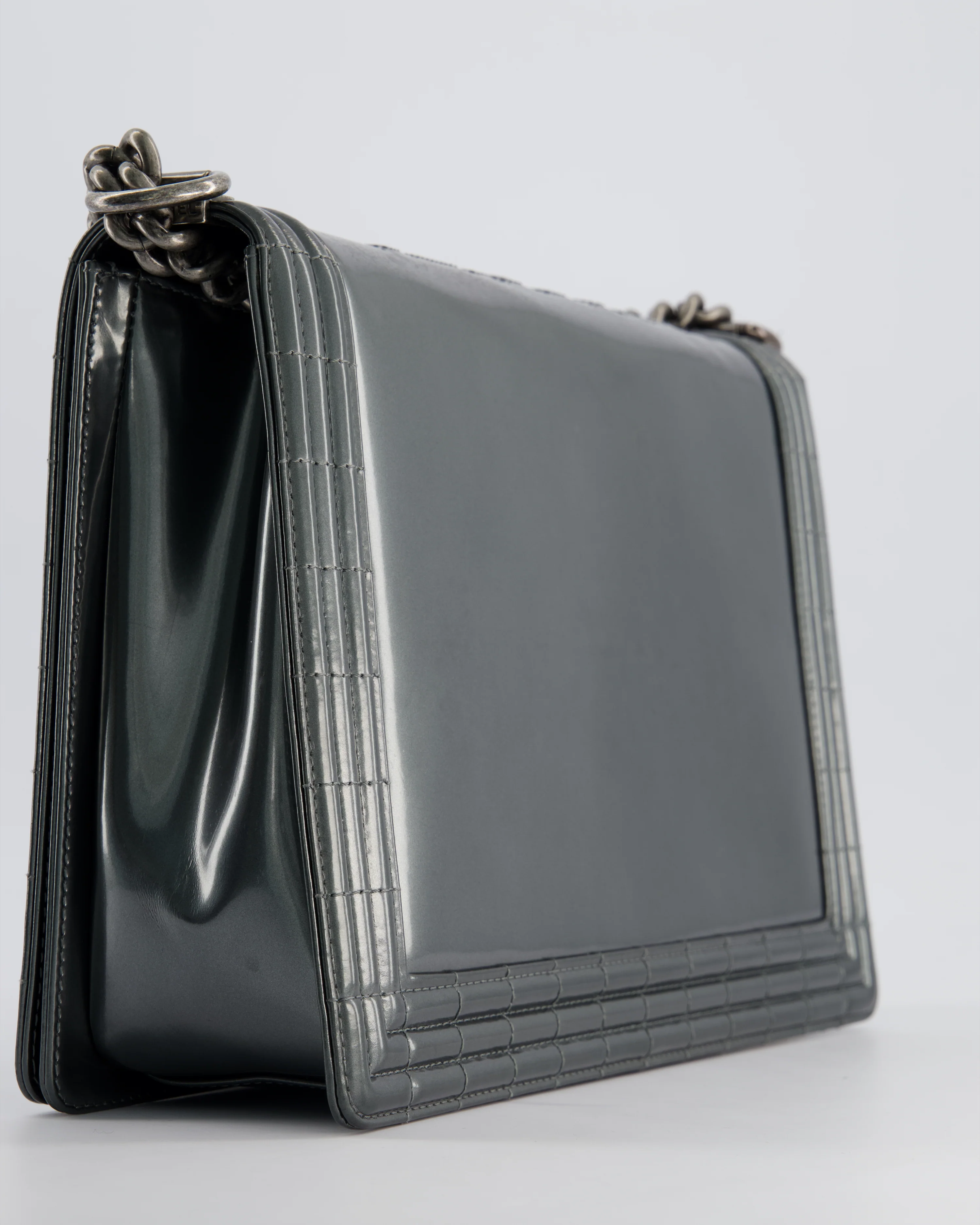 Chanel Large Dark Grey Boy Bag in Patent Leather with Ruthenium Hardware - Image 12