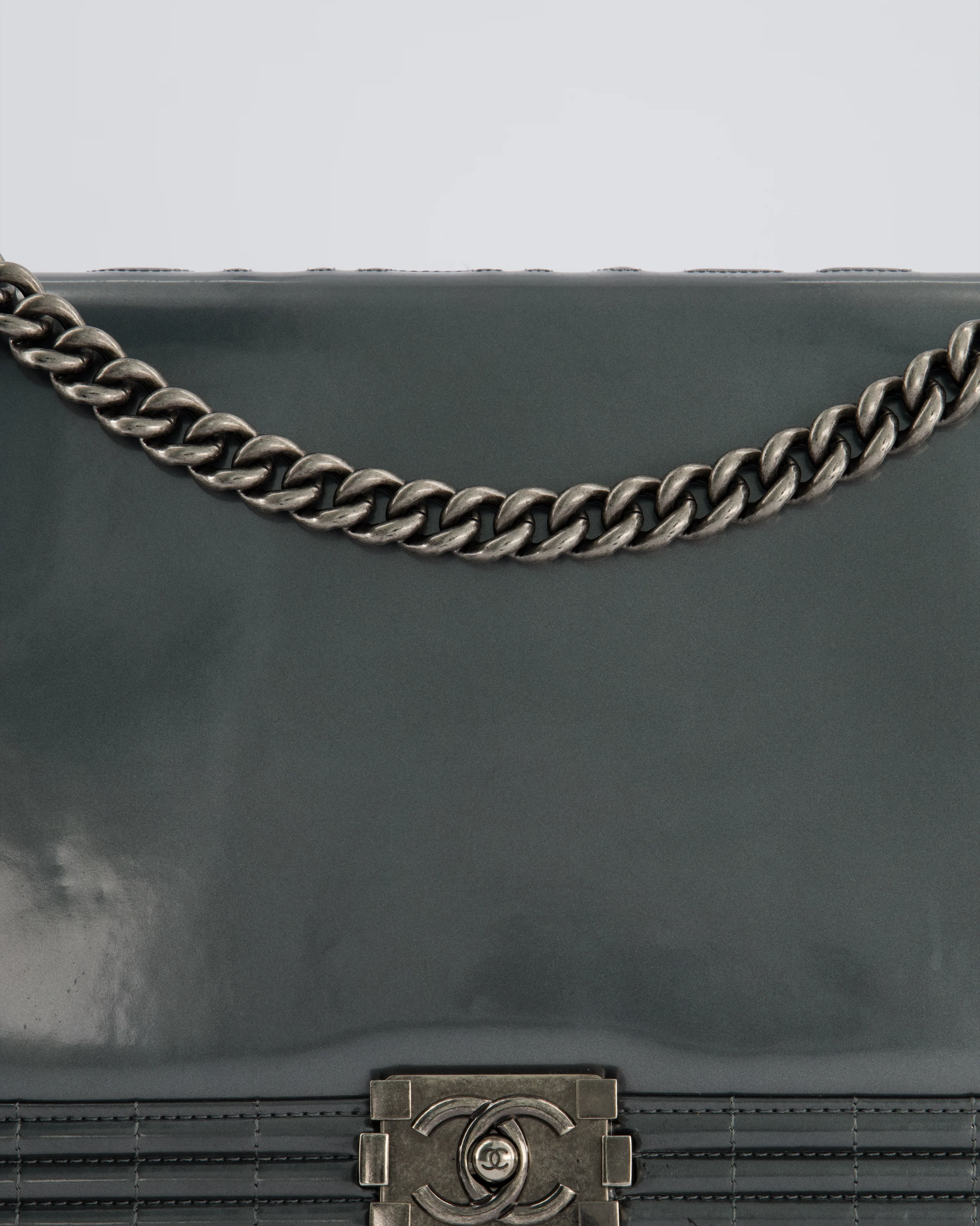 Chanel Large Dark Grey Boy Bag in Patent Leather with Ruthenium Hardware - Image 13
