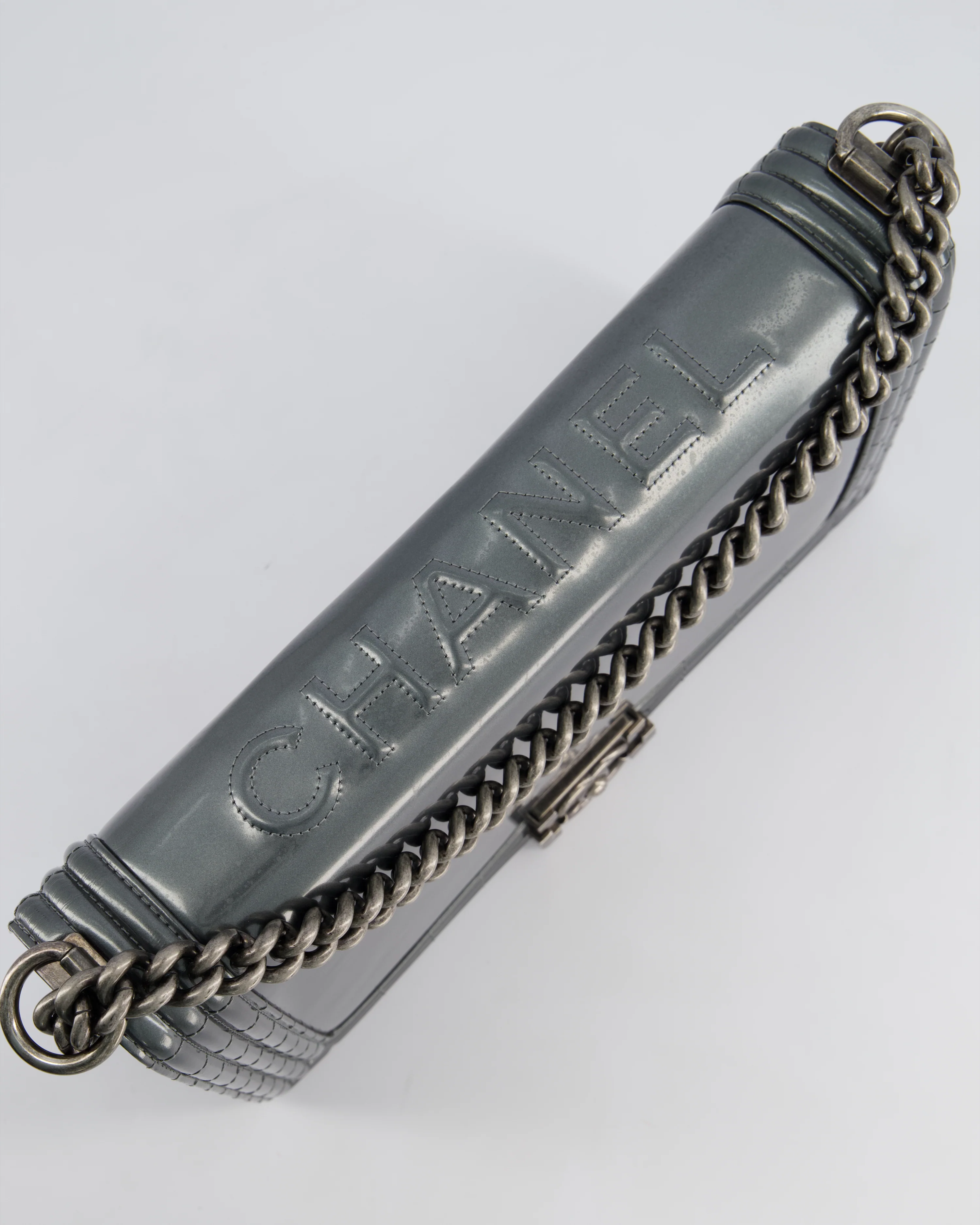 Chanel Large Dark Grey Boy Bag in Patent Leather with Ruthenium Hardware - Image 14