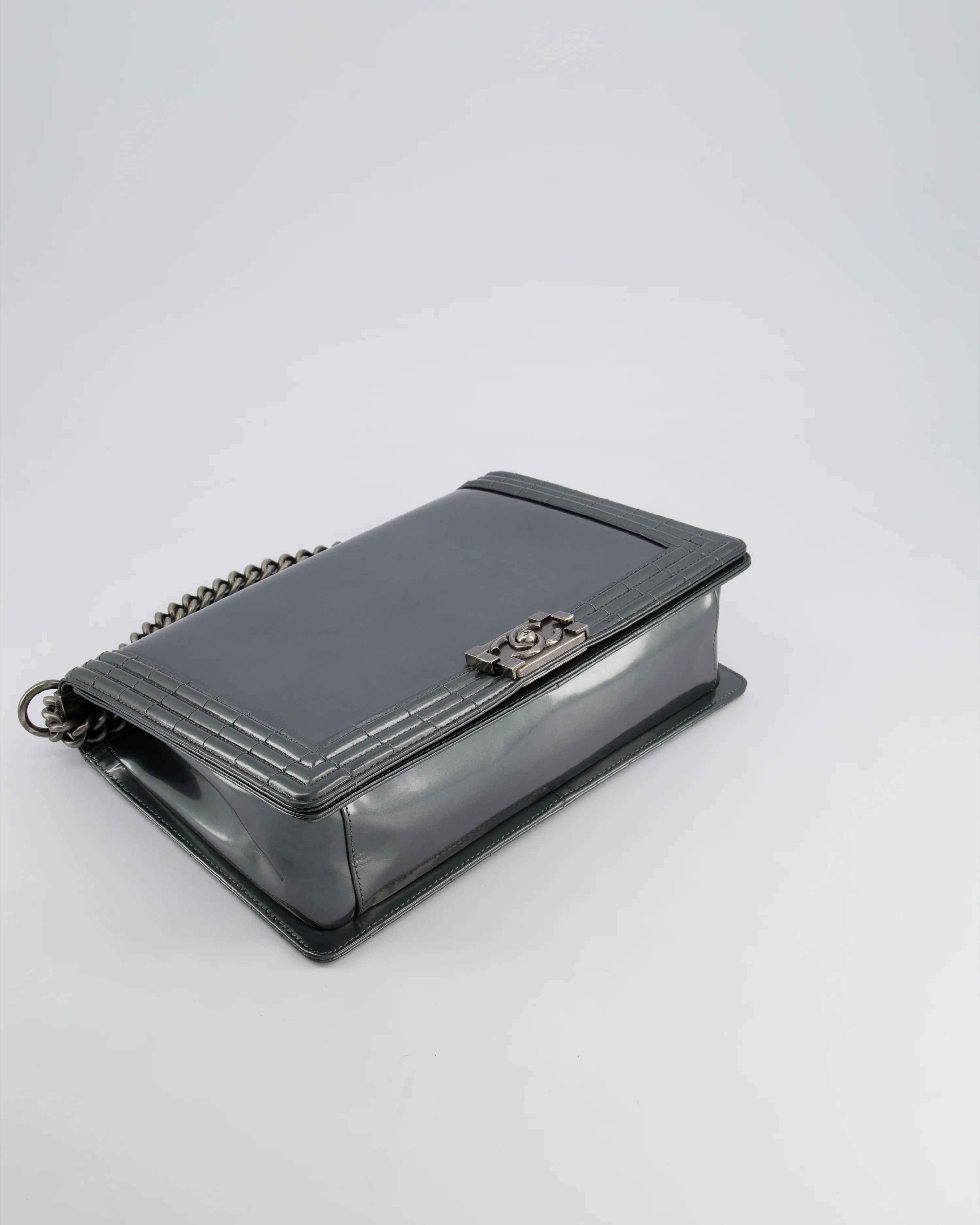 Chanel Large Dark Grey Boy Bag in Patent Leather with Ruthenium Hardware - Image 16