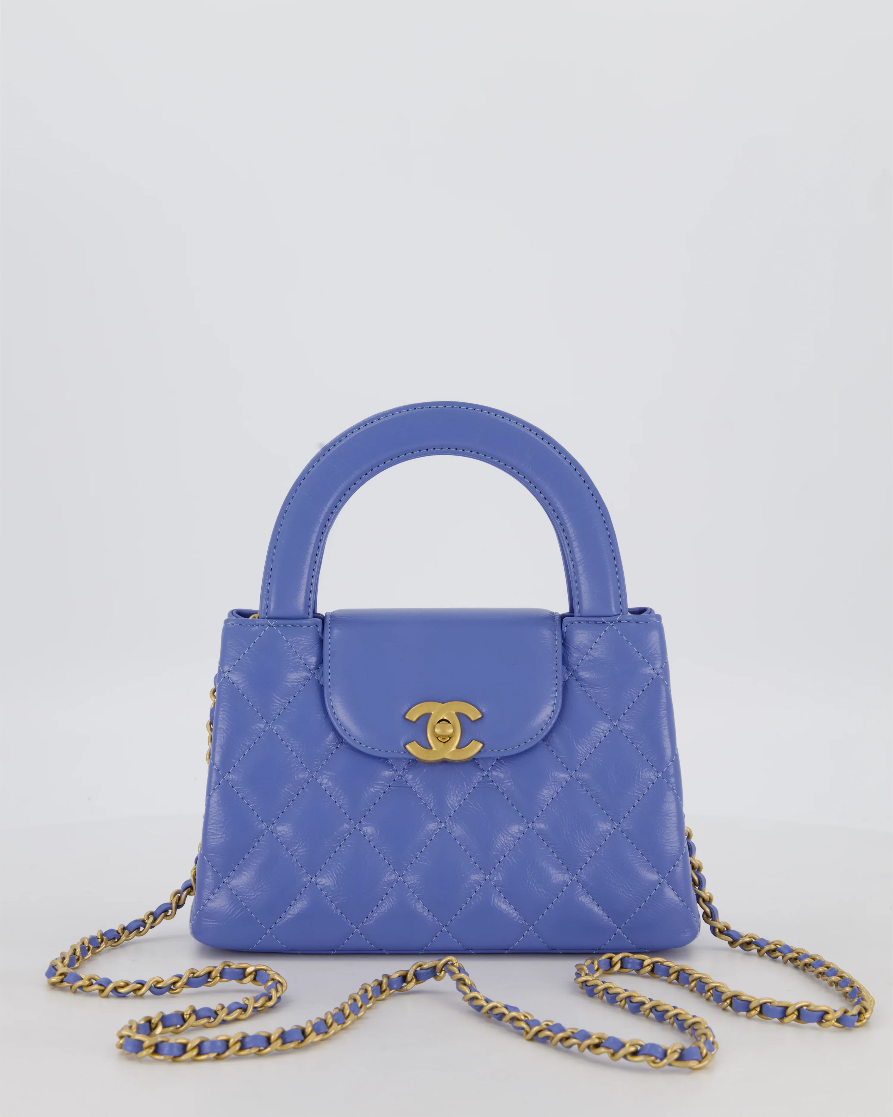 *HOT* Chanel Sky Blue Small Mini Kelly Shopping Bag in Aged Calfskin Leather with Champagne Gold Hardware