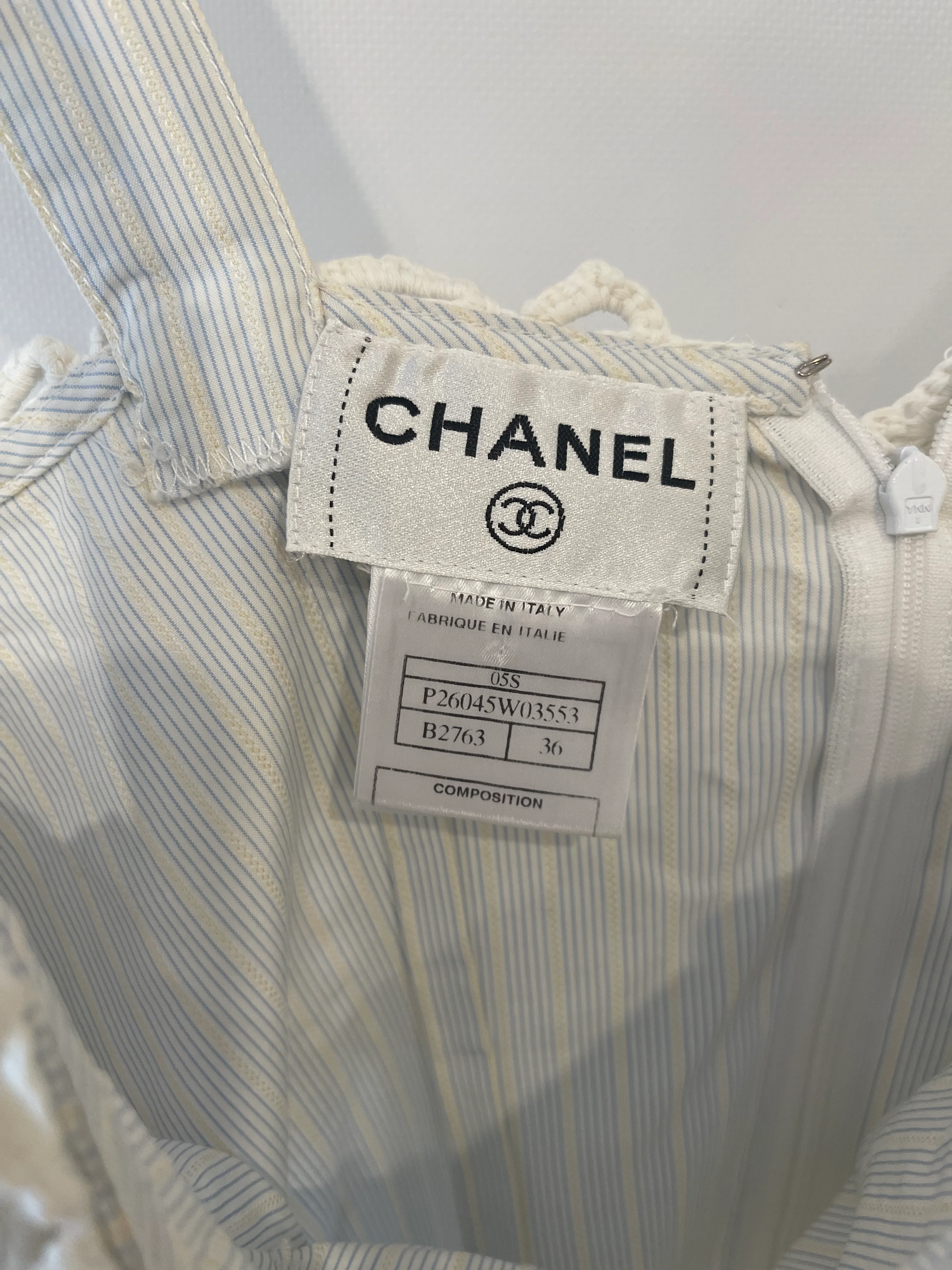 Chanel Spring 2005 Light Blue Striped Mini Dress with White Crochet Detailings Size FR 36 (UK 8) - Image 13