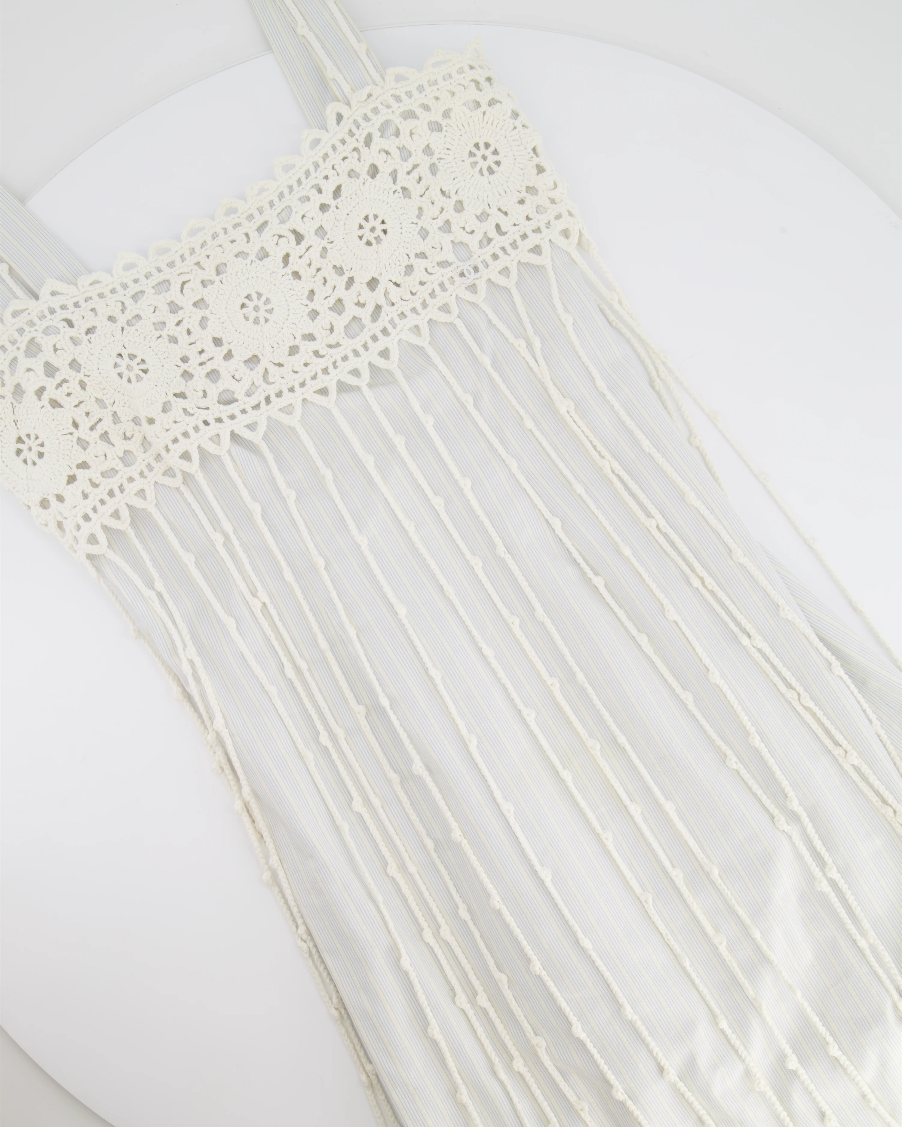 Chanel Spring 2005 Light Blue Striped Mini Dress with White Crochet Detailings Size FR 36 (UK 8) - Image 5
