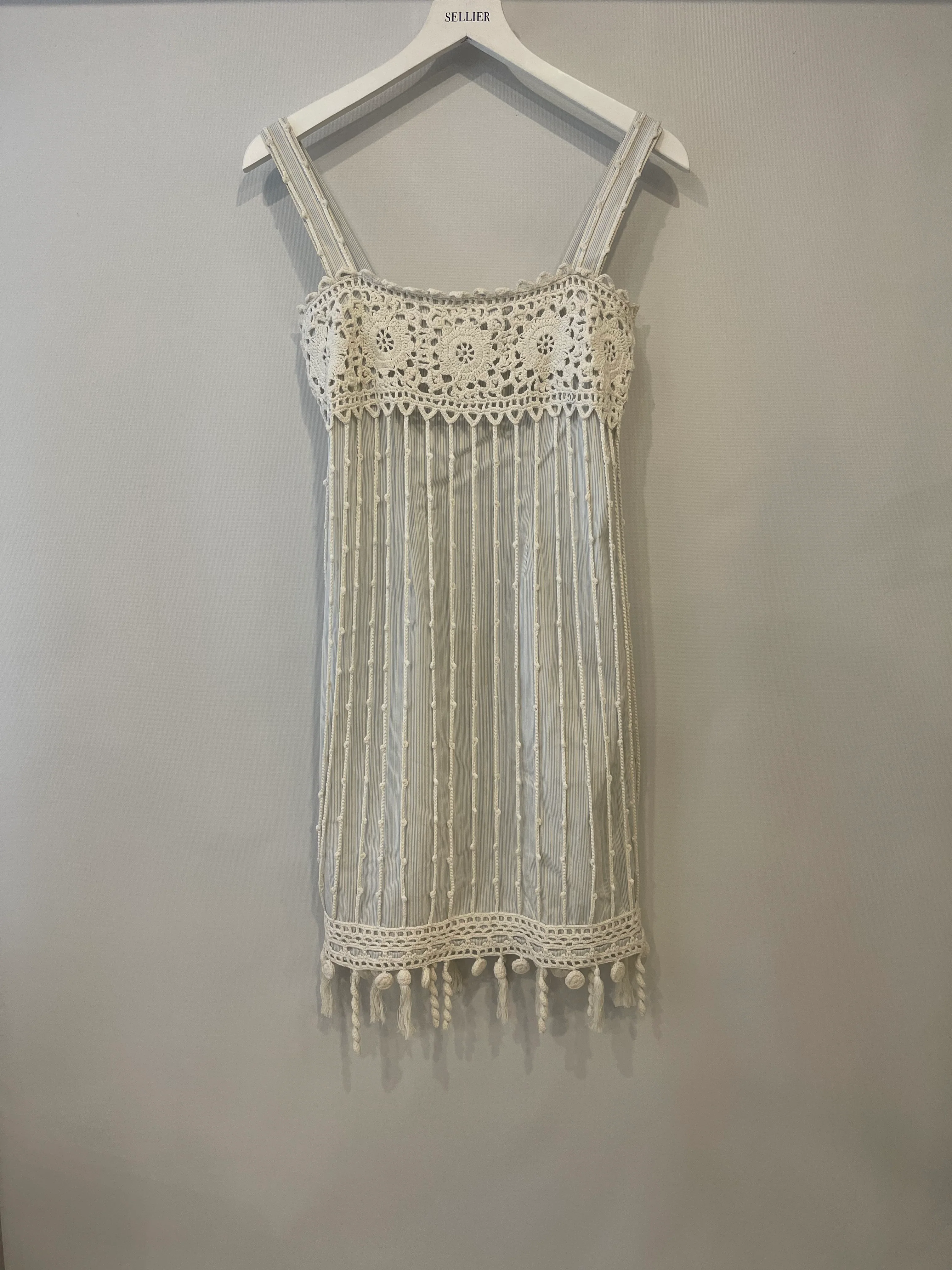 Chanel Spring 2005 Light Blue Striped Mini Dress with White Crochet Detailings Size FR 36 (UK 8) - Image 8
