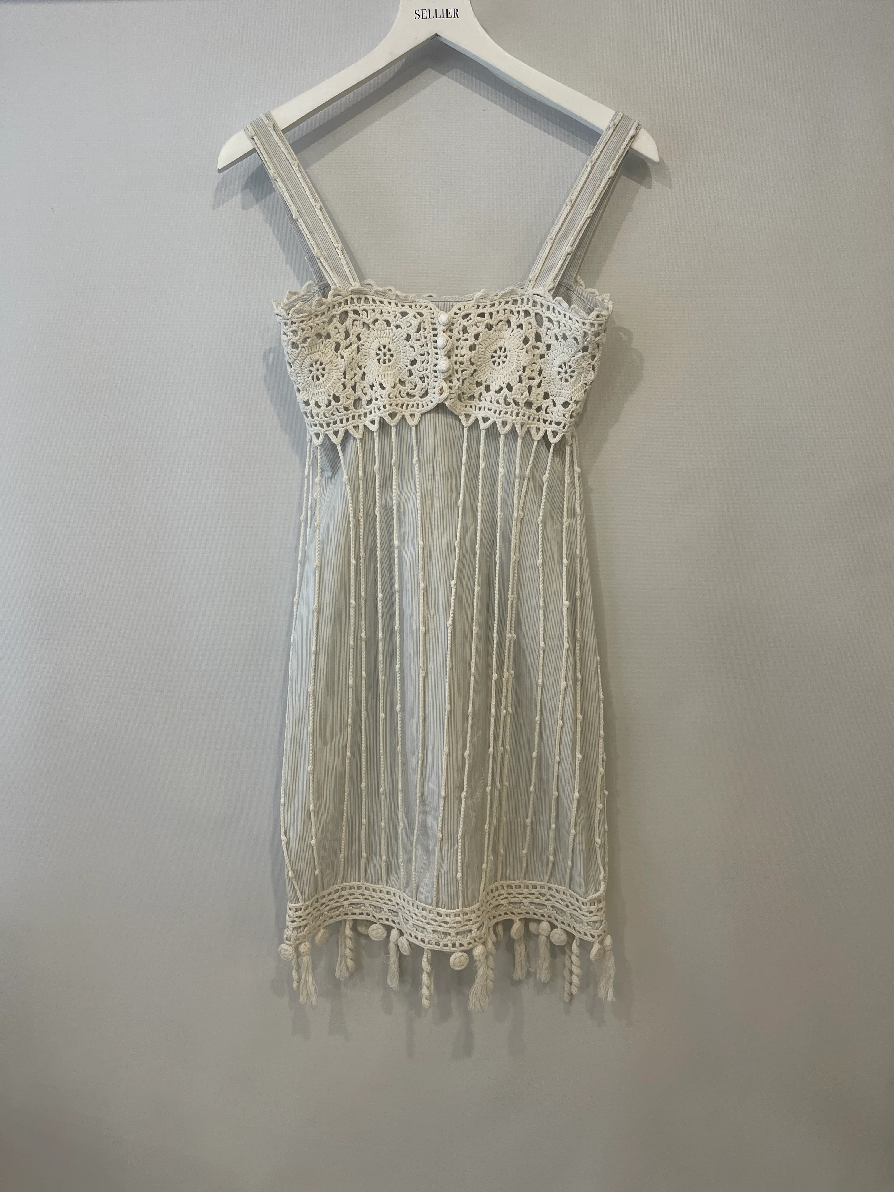 Chanel Spring 2005 Light Blue Striped Mini Dress with White Crochet Detailings Size FR 36 (UK 8) - Image 9