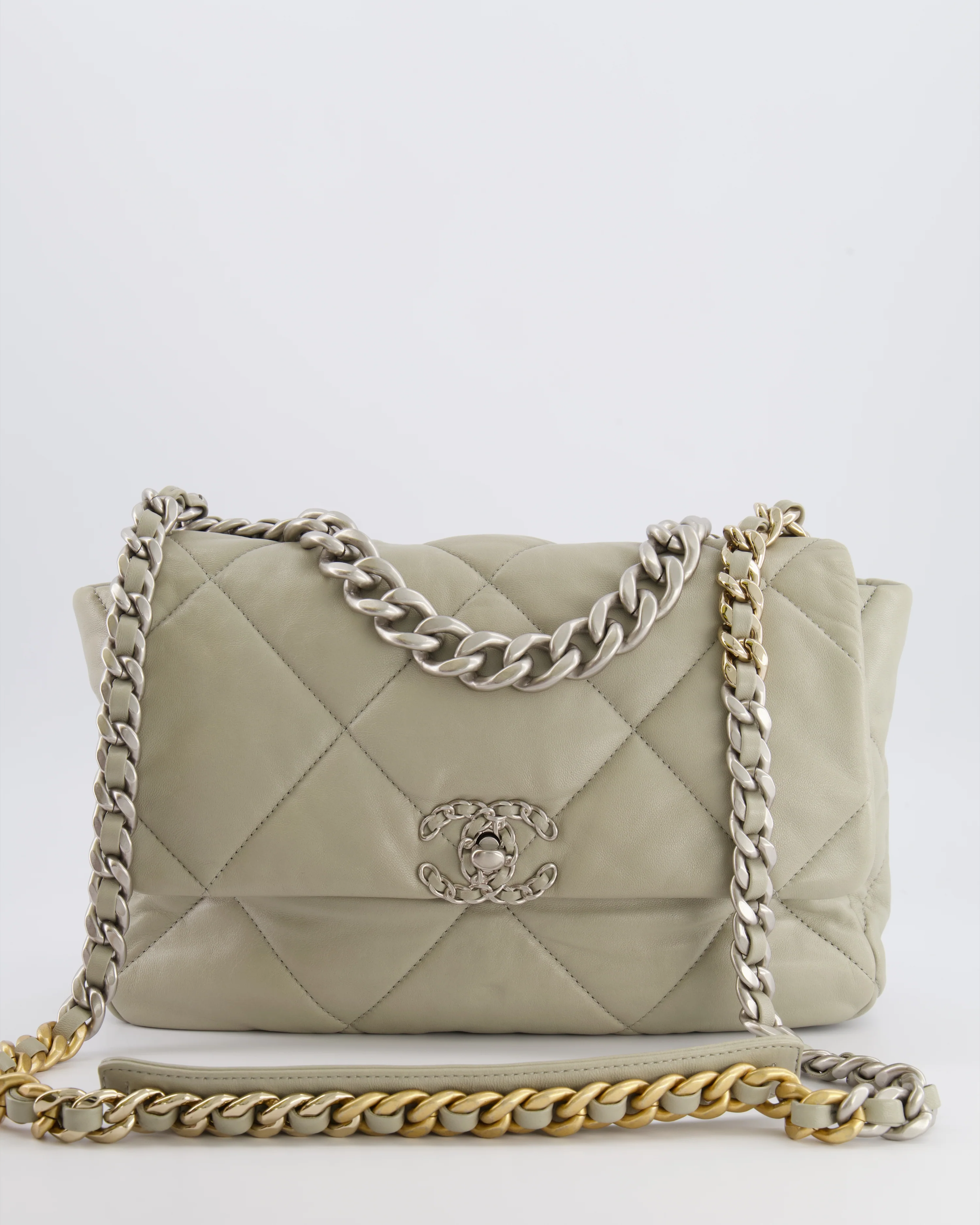 Chanel Light Grey Medium 19 Bag in Quilted Goatskin Leather with Mixed Hardware